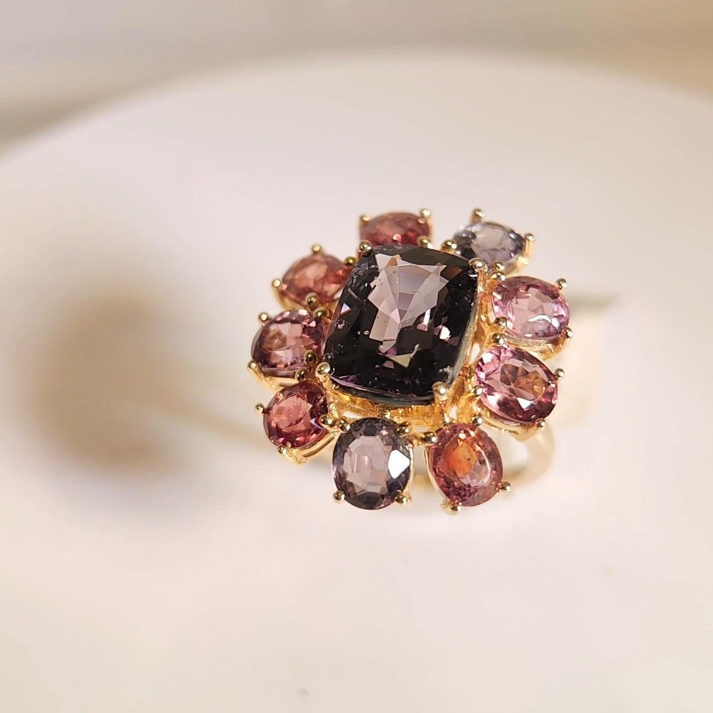 Fancy Spinel Cocktail Ring 14 Karat Rose Gold Mix Color Spinel Gemstones For Sale 14