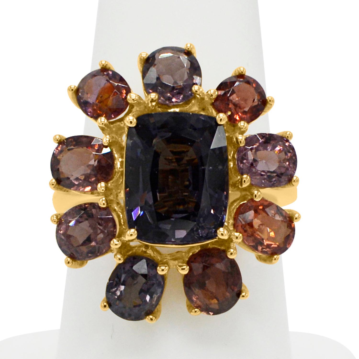 Cushion Cut Fancy Spinel Cocktail Ring 14 Karat Rose Gold Mix Color Spinel Gemstones For Sale
