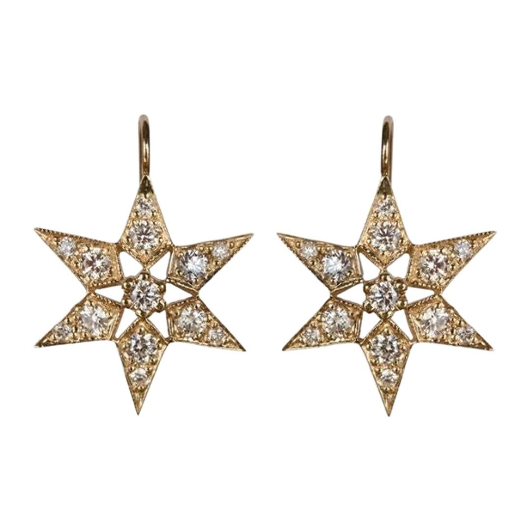 Fancy Star Earrings, 14 Karat Yellow Gold, Diamonds For Sale