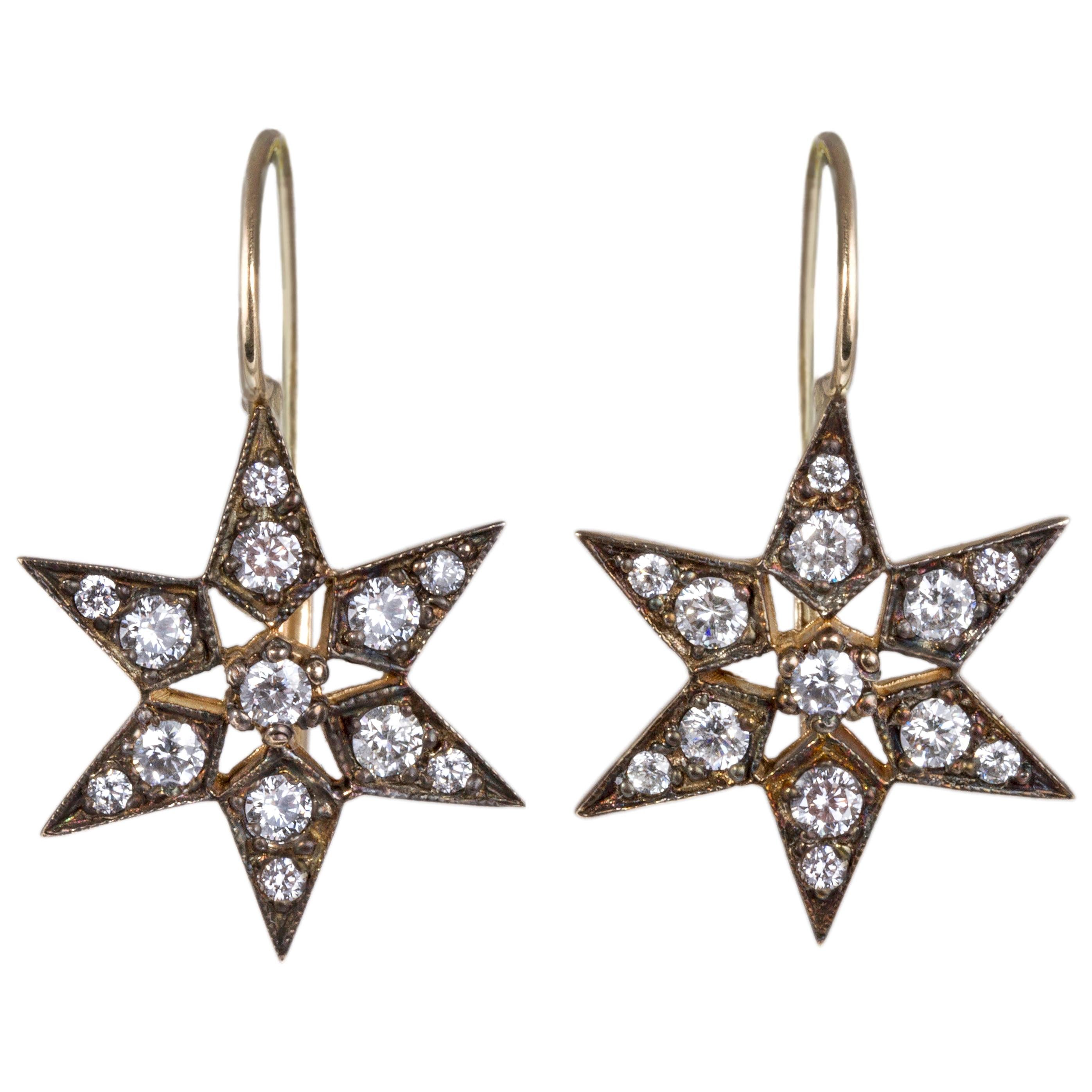 Fancy Star Earrings, Antique Plated 14 Karat Yellow Gold, Diamonds, Vogue  For Sale