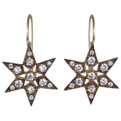 Fancy Star Earrings, Antique Plated 14 Karat Yellow Gold, Diamonds, Vogue 