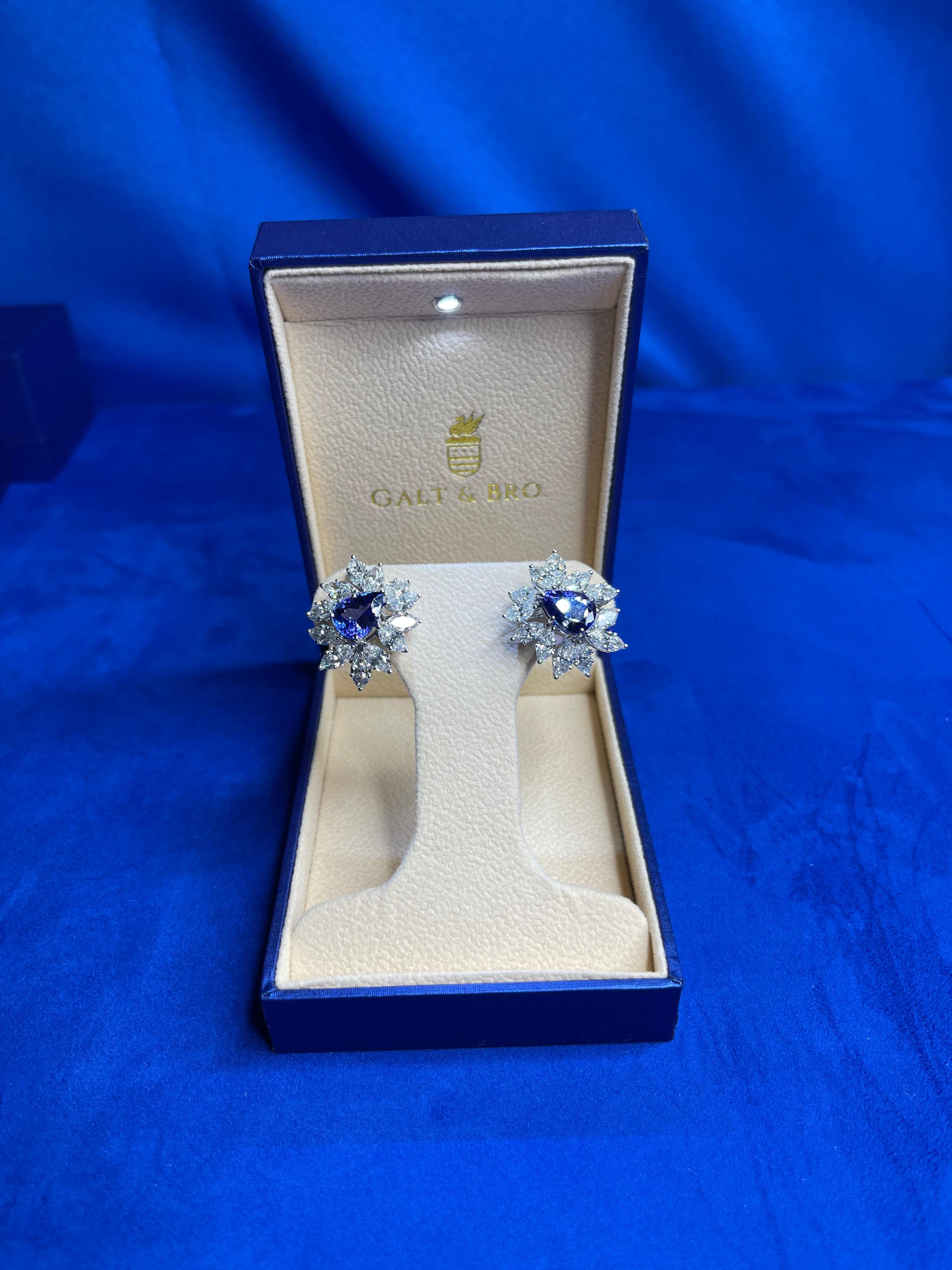 Fancy Tanzanite Pear Cut Drop Marquise Cluster Diamond 18k White Gold Earrings For Sale 5