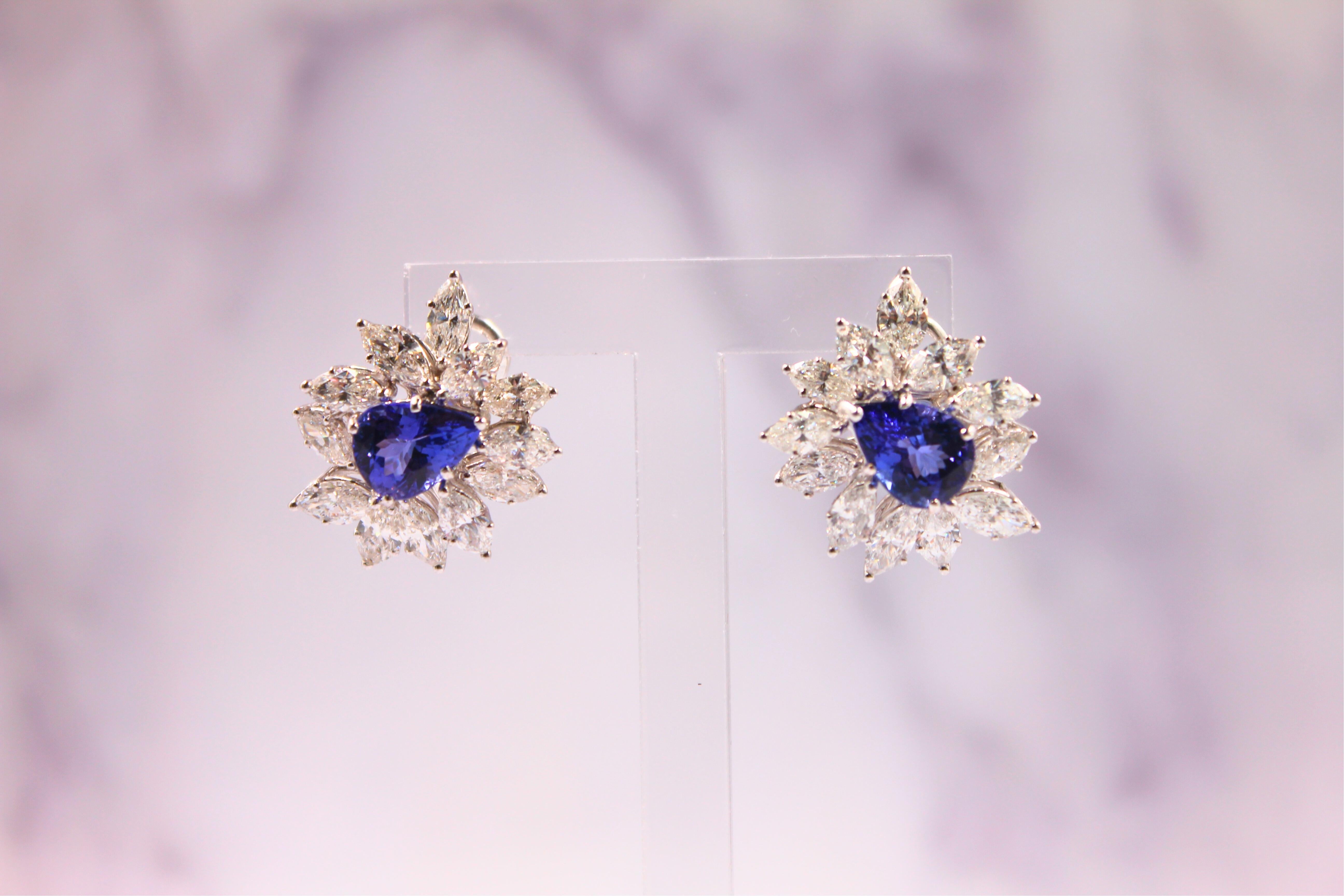 Fancy Tanzanite Pear Cut Drop Marquise Cluster Diamond 18k White Gold Earrings For Sale 6