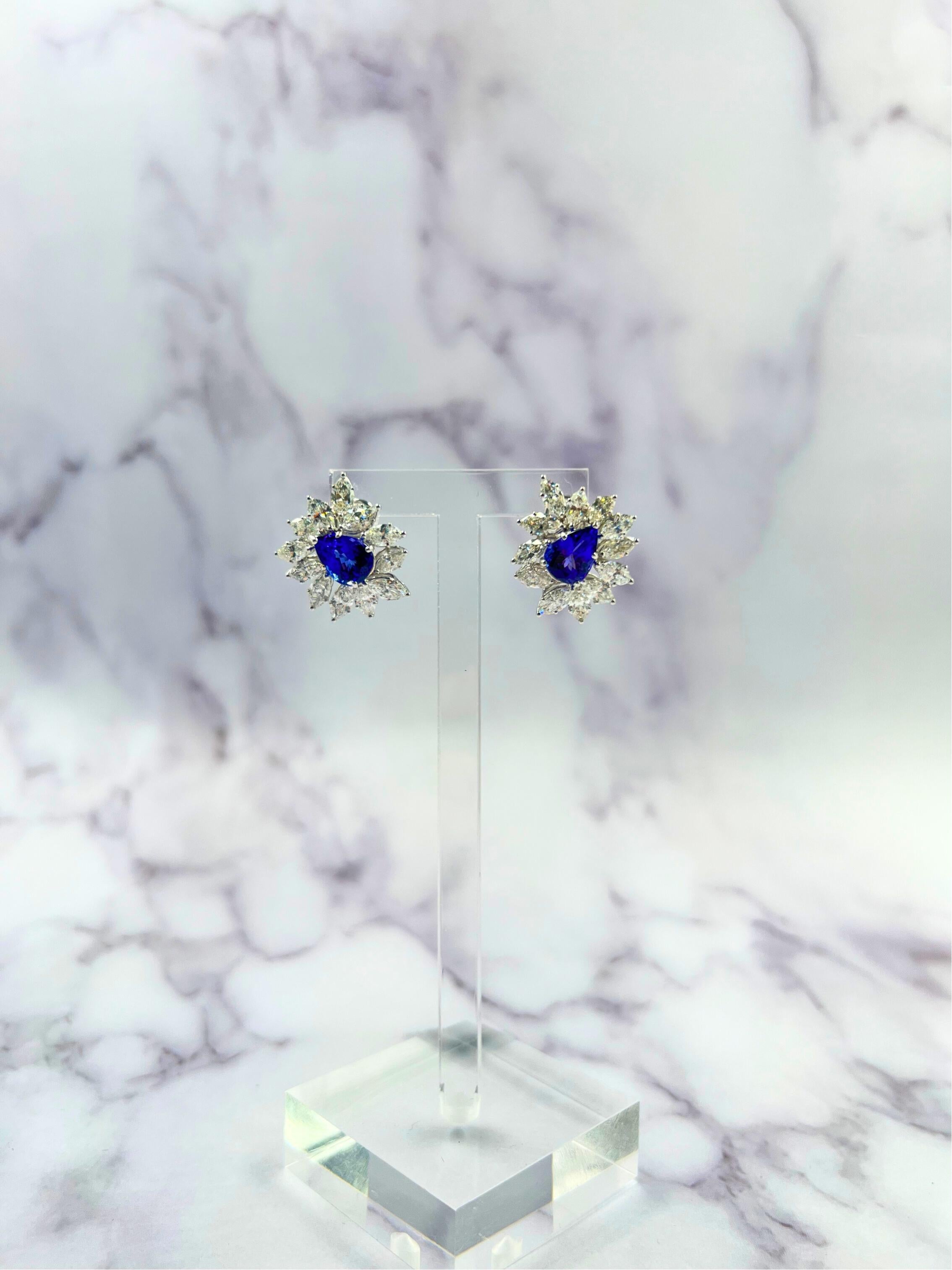 Fancy Tanzanite Pear Cut Drop Marquise Cluster Diamond 18k White Gold Earrings For Sale 8