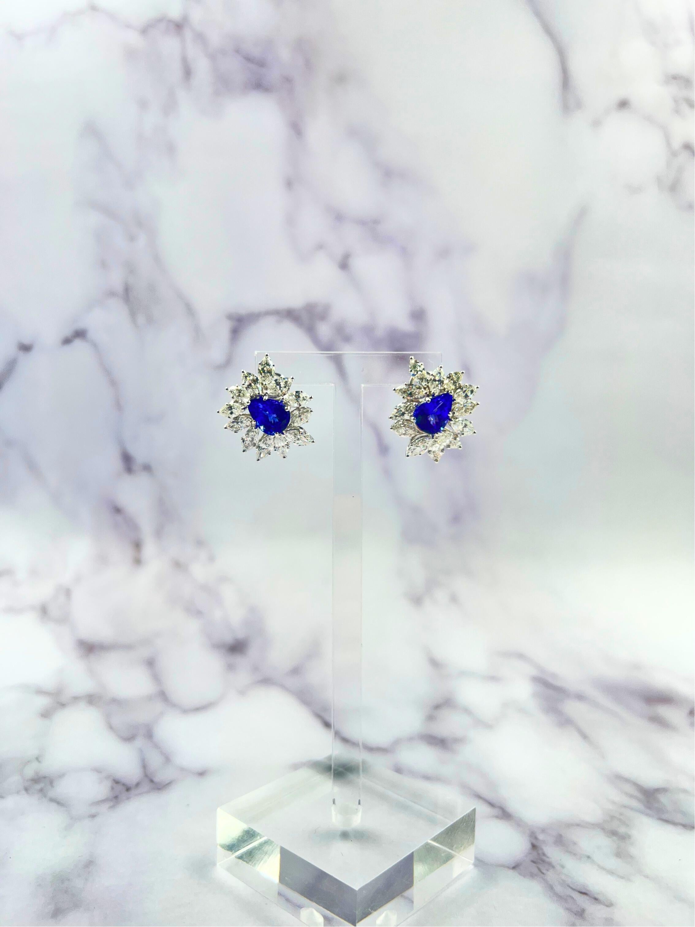 Fancy Tanzanite Pear Cut Drop Marquise Cluster Diamond 18k White Gold Earrings For Sale 9
