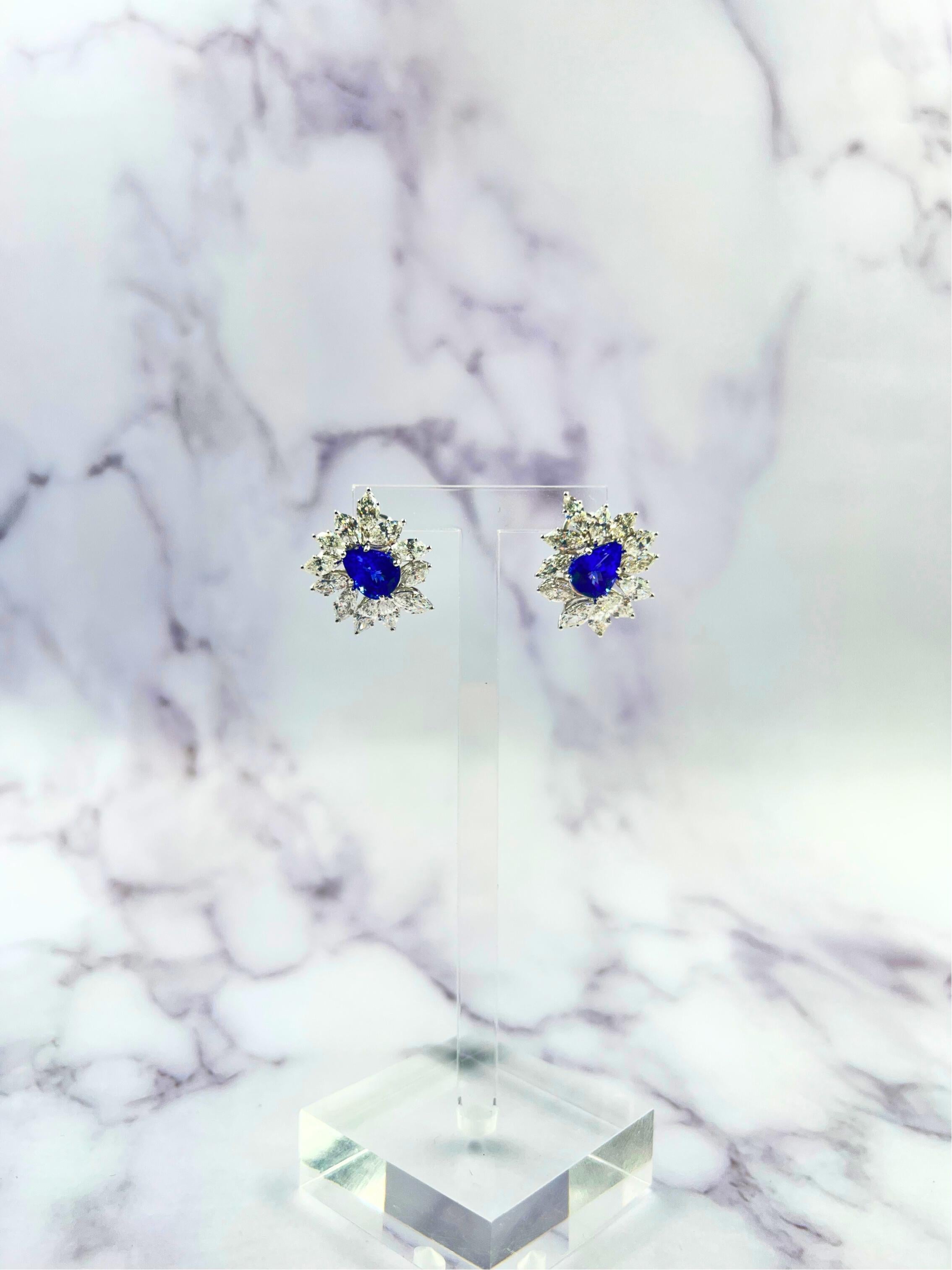 Fancy Tanzanite Pear Cut Drop Marquise Cluster Diamond 18k White Gold Earrings For Sale 10