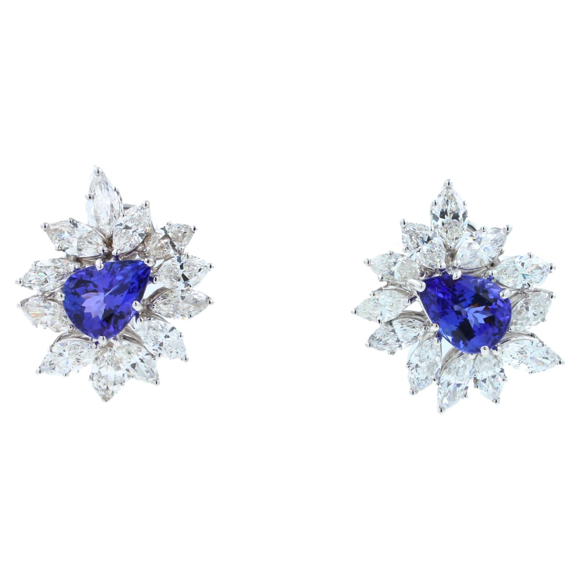 Art Deco Fancy Tanzanite Pear Cut Drop Marquise Cluster Diamond 18k White Gold Earrings For Sale