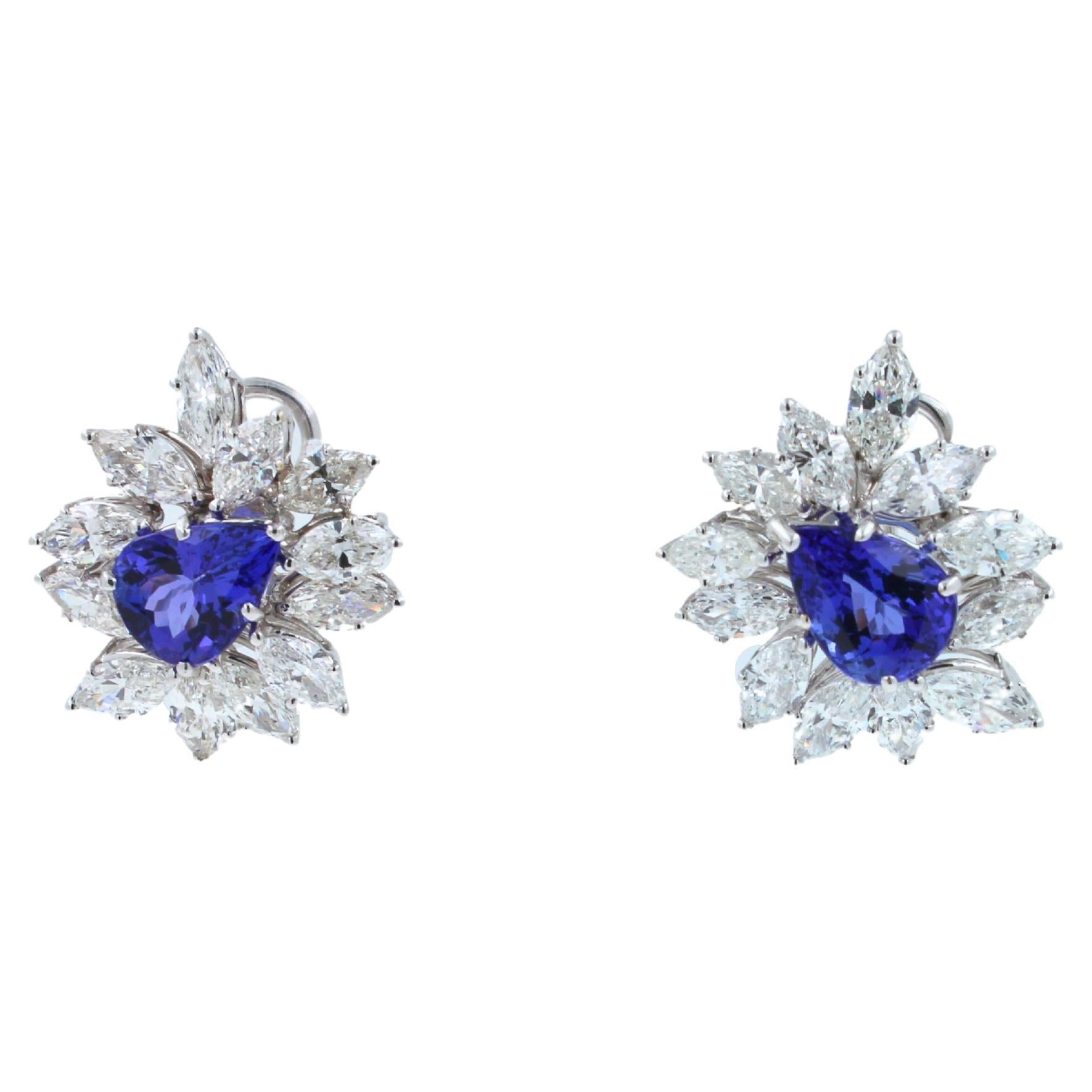 Fancy Tanzanite Pear Cut Drop Marquise Cluster Diamond 18k White Gold Earrings In New Condition For Sale In Oakton, VA
