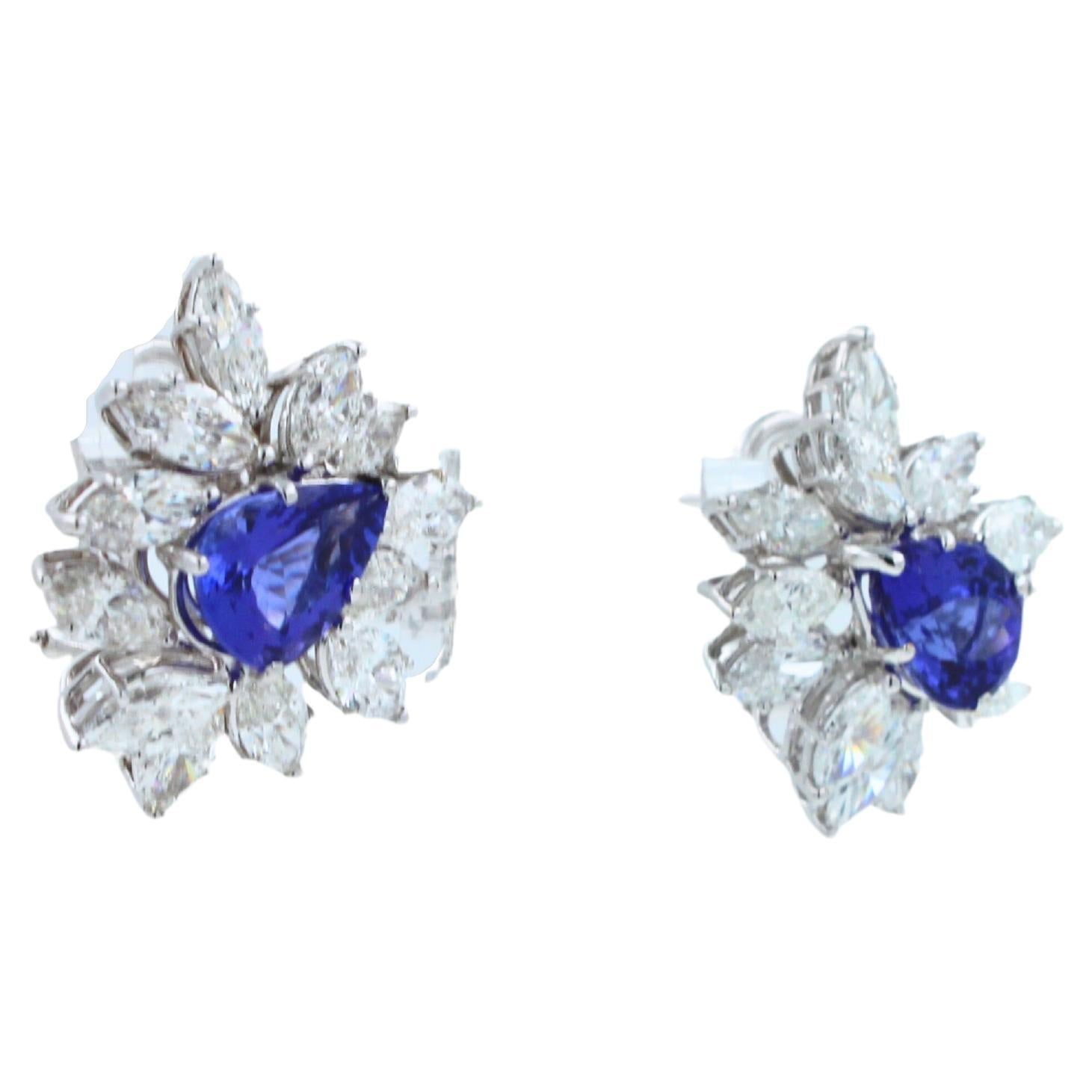 Women's Fancy Tanzanite Pear Cut Drop Marquise Cluster Diamond 18k White Gold Earrings For Sale