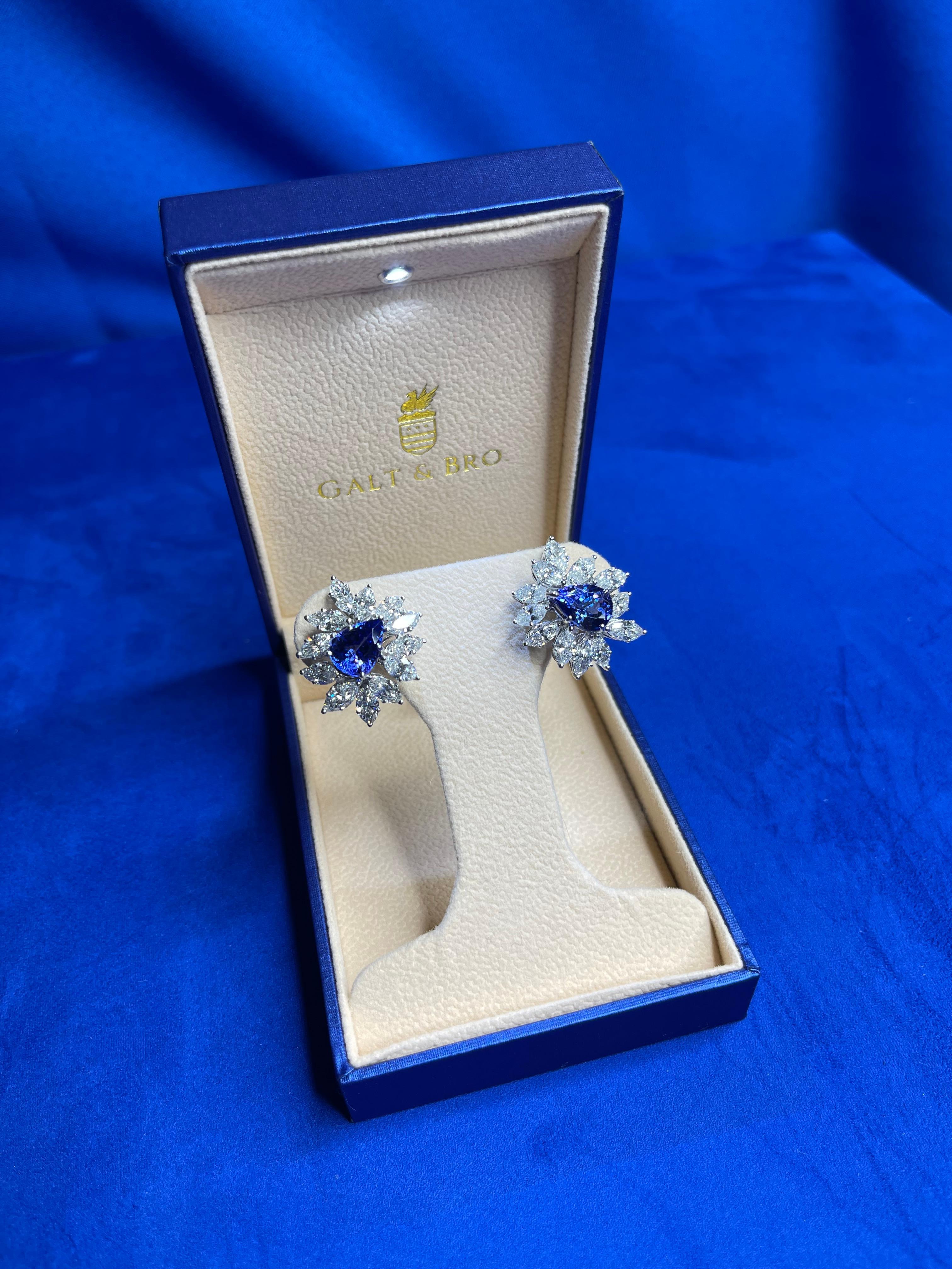 Fancy Tanzanite Pear Cut Drop Marquise Cluster Diamond 18k White Gold Earrings For Sale 1