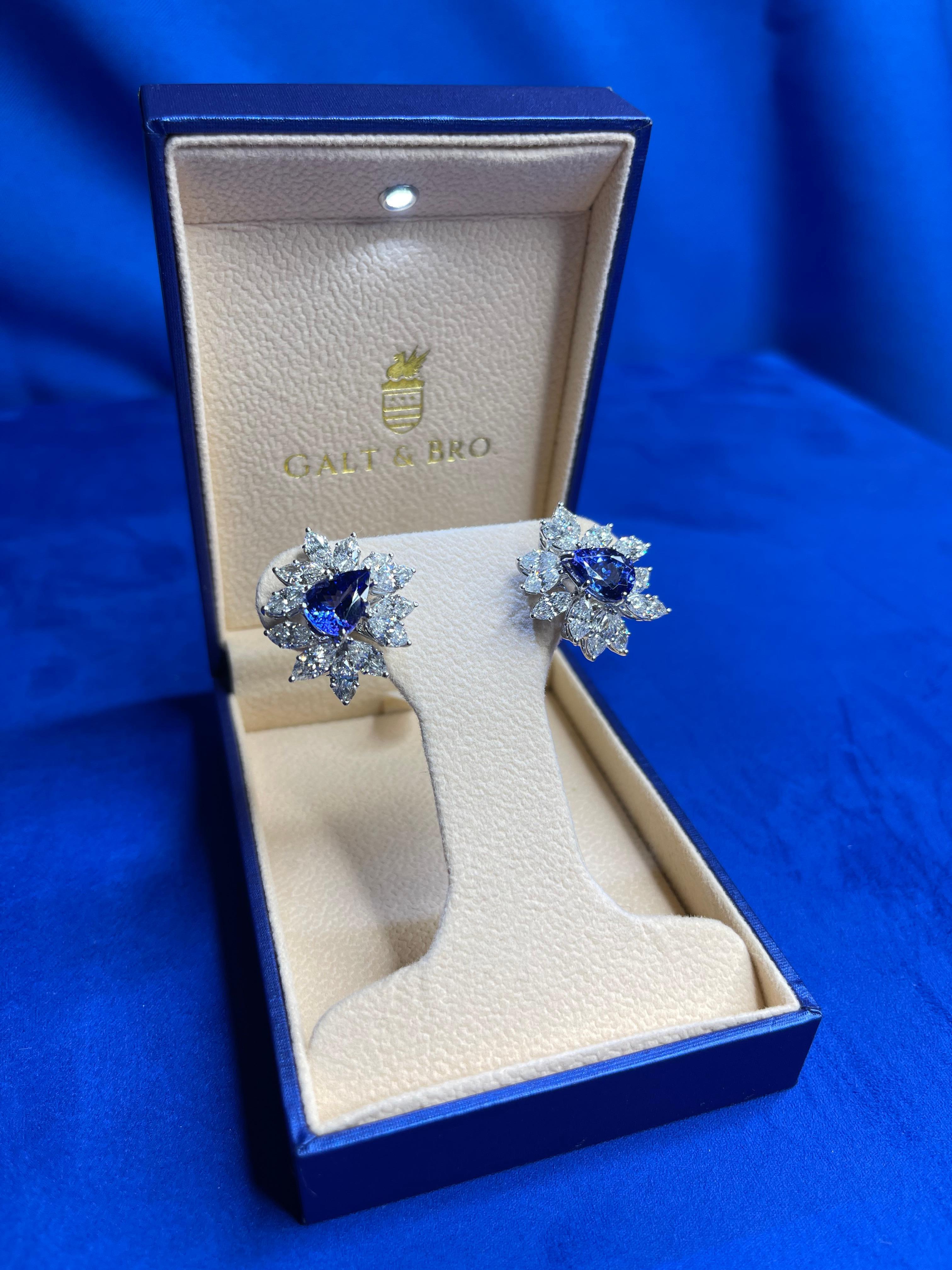 Fancy Tanzanite Pear Cut Drop Marquise Cluster Diamond 18k White Gold Earrings For Sale 2