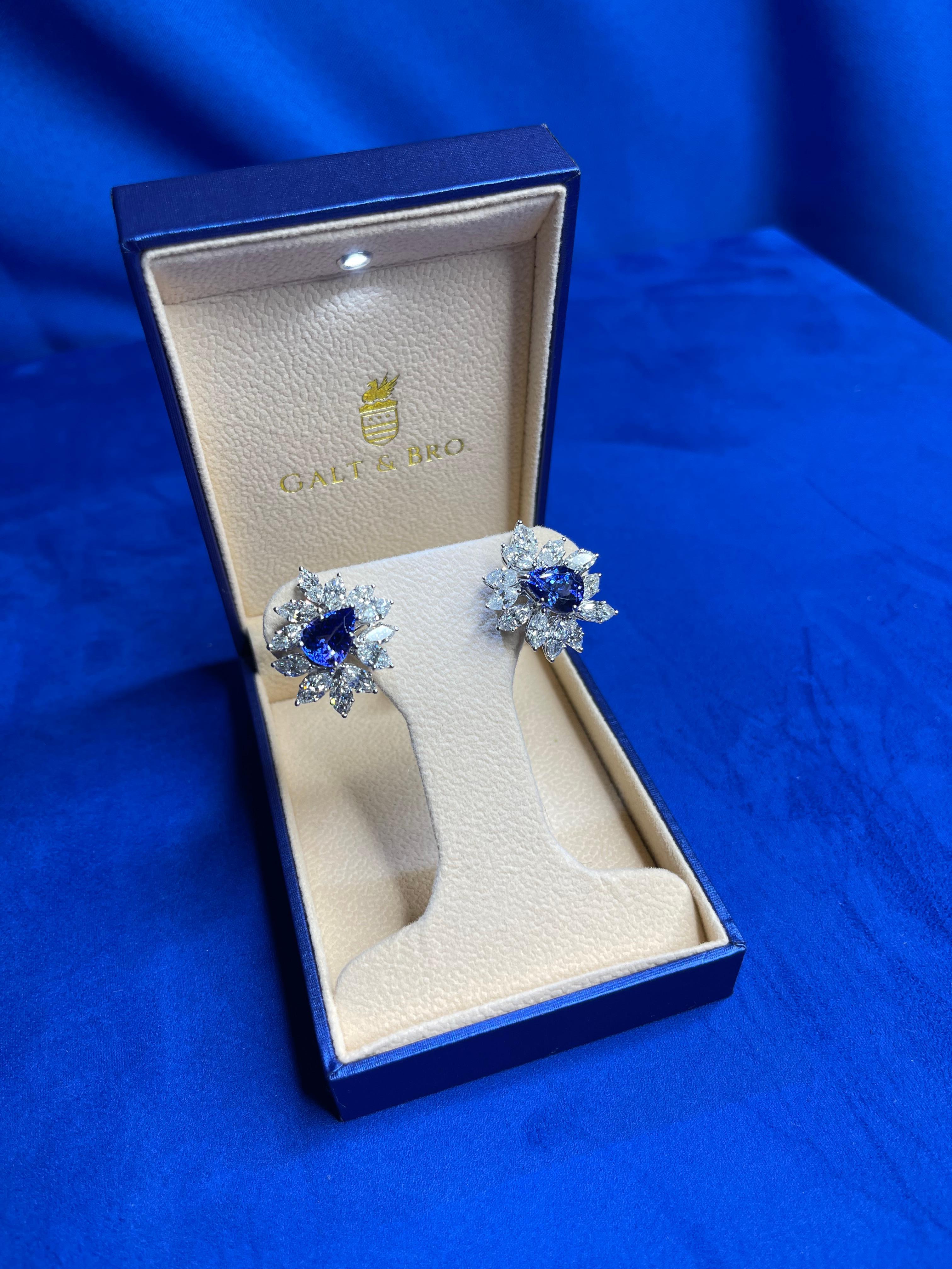 Fancy Tanzanite Pear Cut Drop Marquise Cluster Diamond 18k White Gold Earrings For Sale 3