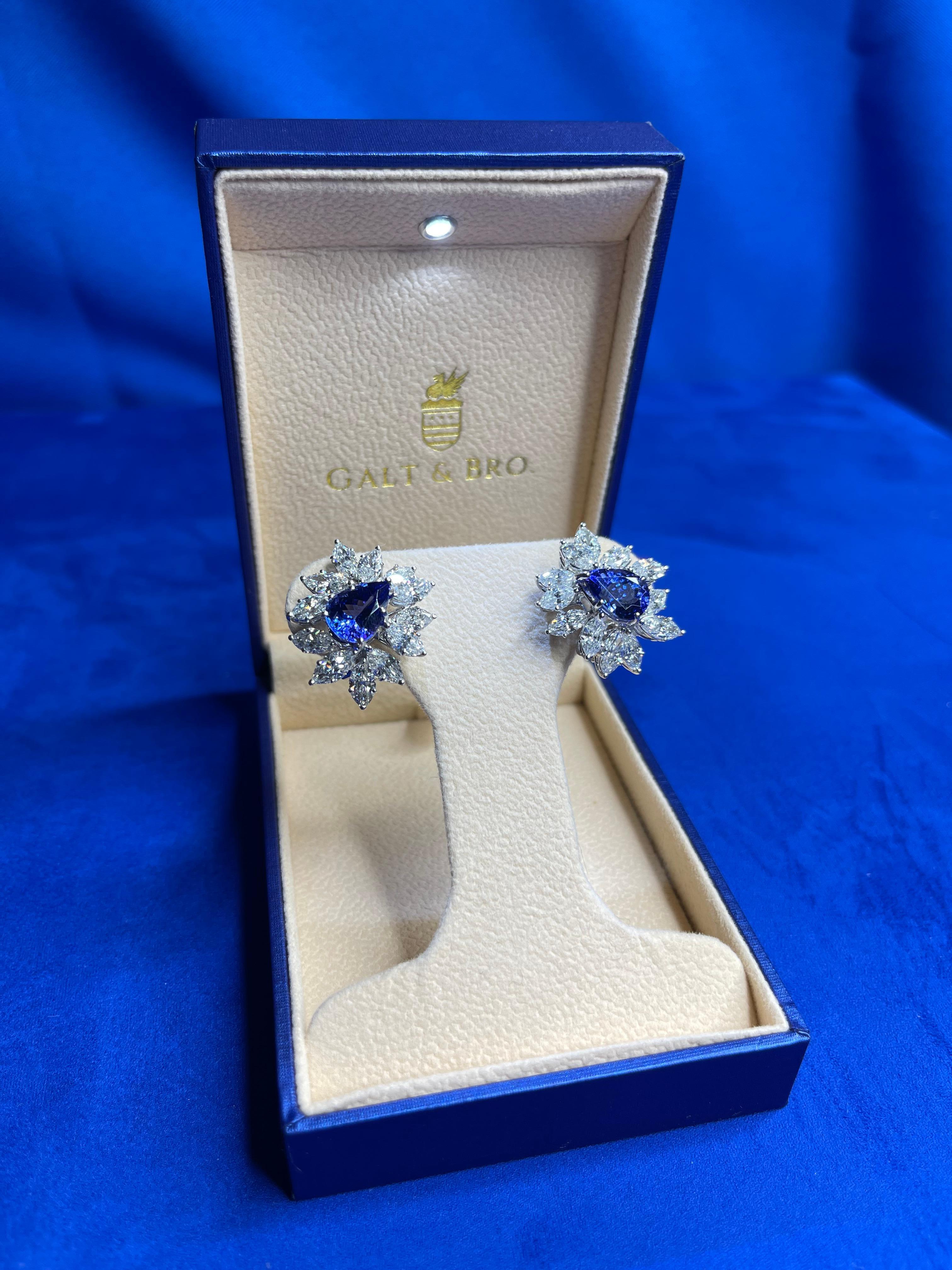 Fancy Tanzanite Pear Cut Drop Marquise Cluster Diamond 18k White Gold Earrings For Sale 4