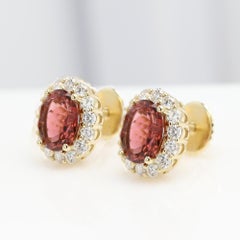 Fancy Tourmaline Gold Diamond Studs 14k Yellow Gold Natural Pink and Diamond Ear