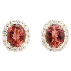 Fancy Tourmaline Gold Diamond Studs 14k Yellow Gold Natural Pink and Diamond Ear