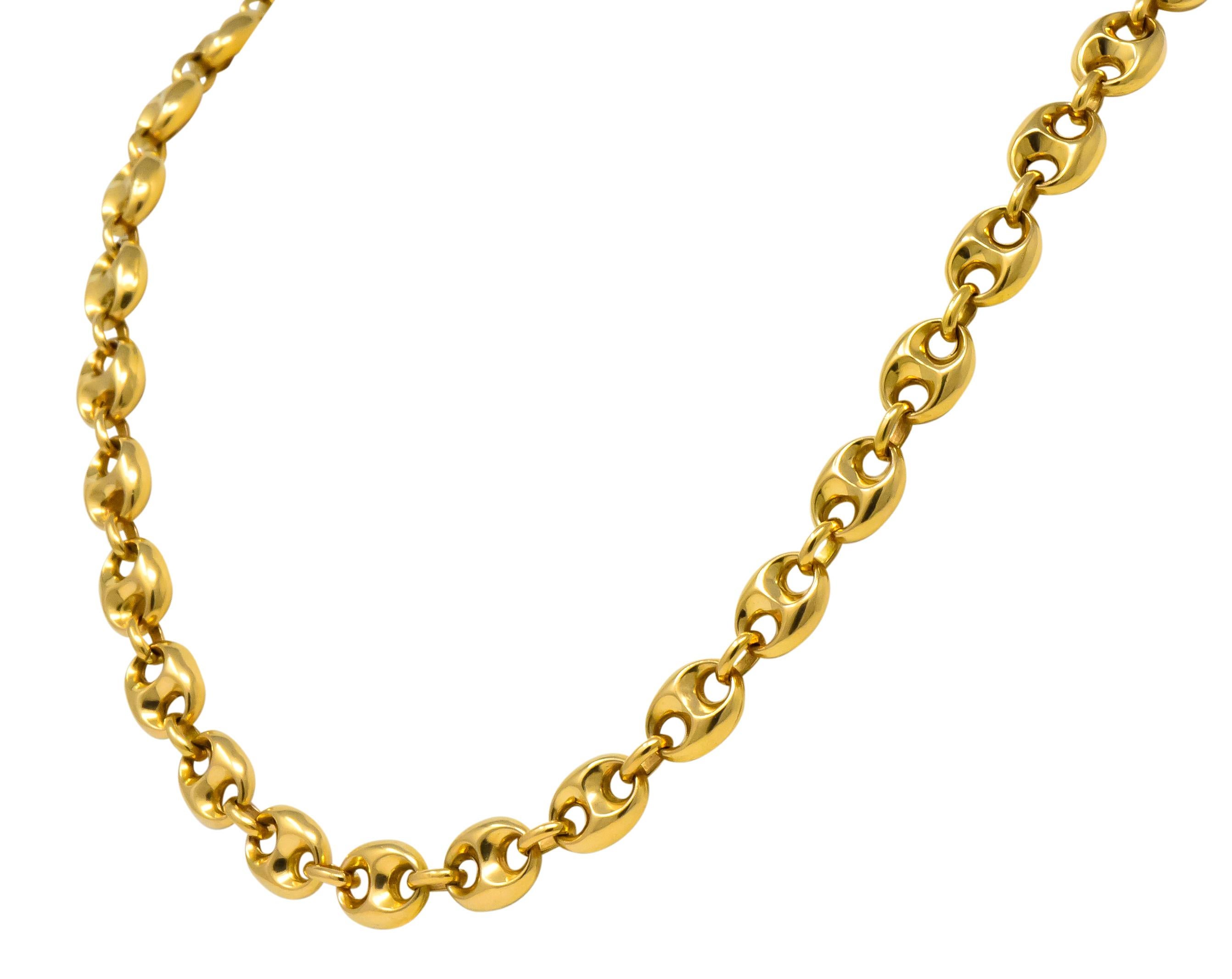 Link style necklace comprised of stylized, puffed, mariner links

With a bright finish

Completed by spring ring clasp

Stamped 750 for 18 karat gold

Length: 25 1/2 inches

Width: 10.1 mm

Total weight: 53.7 grams

Sleek. Stylish. Versatile.  
 

