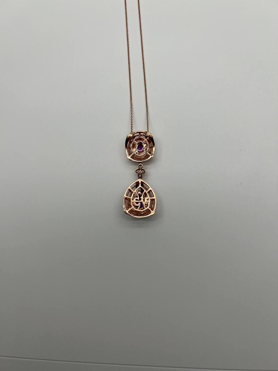 Mixed Cut Fancy Violet Amethyst Diamond Halo 14K Rose Gold Fancy Drop Pendant Necklace For Sale