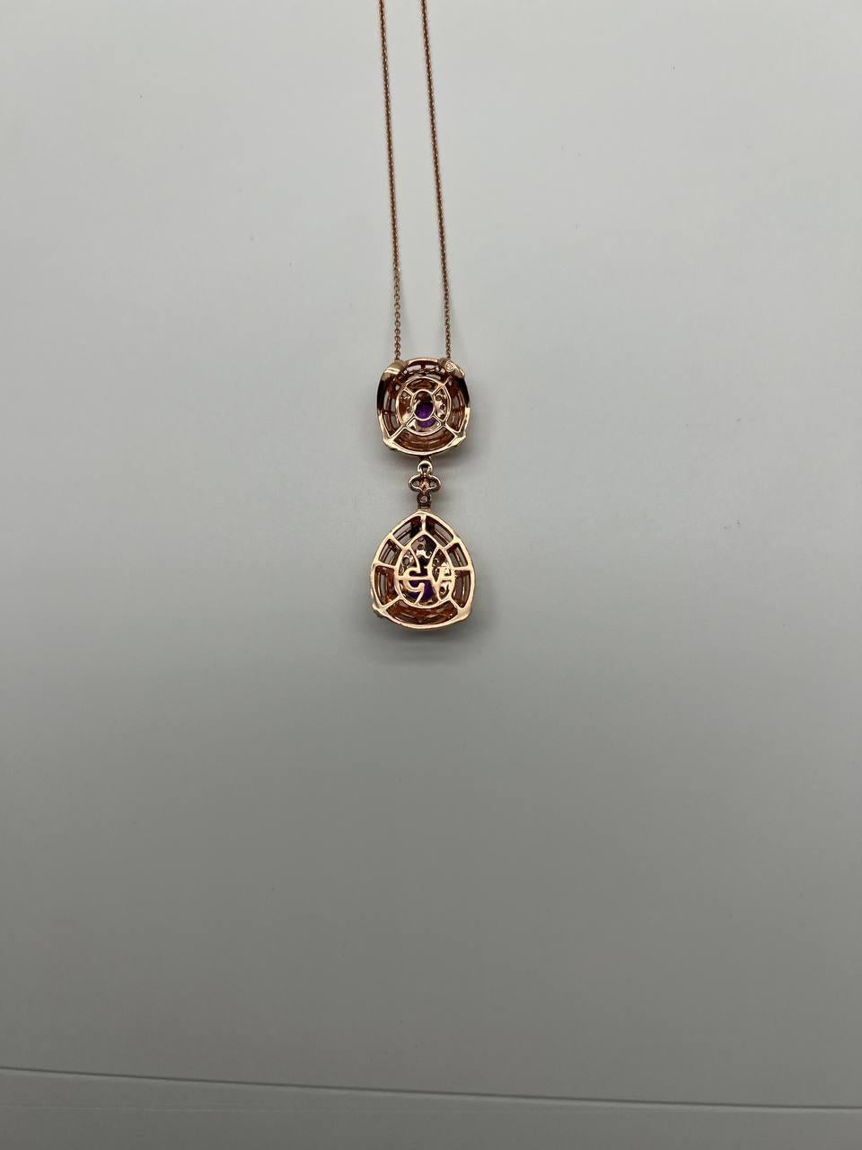 Fancy Violet Amethyst Diamond Halo 14K Rose Gold Fancy Drop Pendant Necklace In New Condition For Sale In Oakton, VA