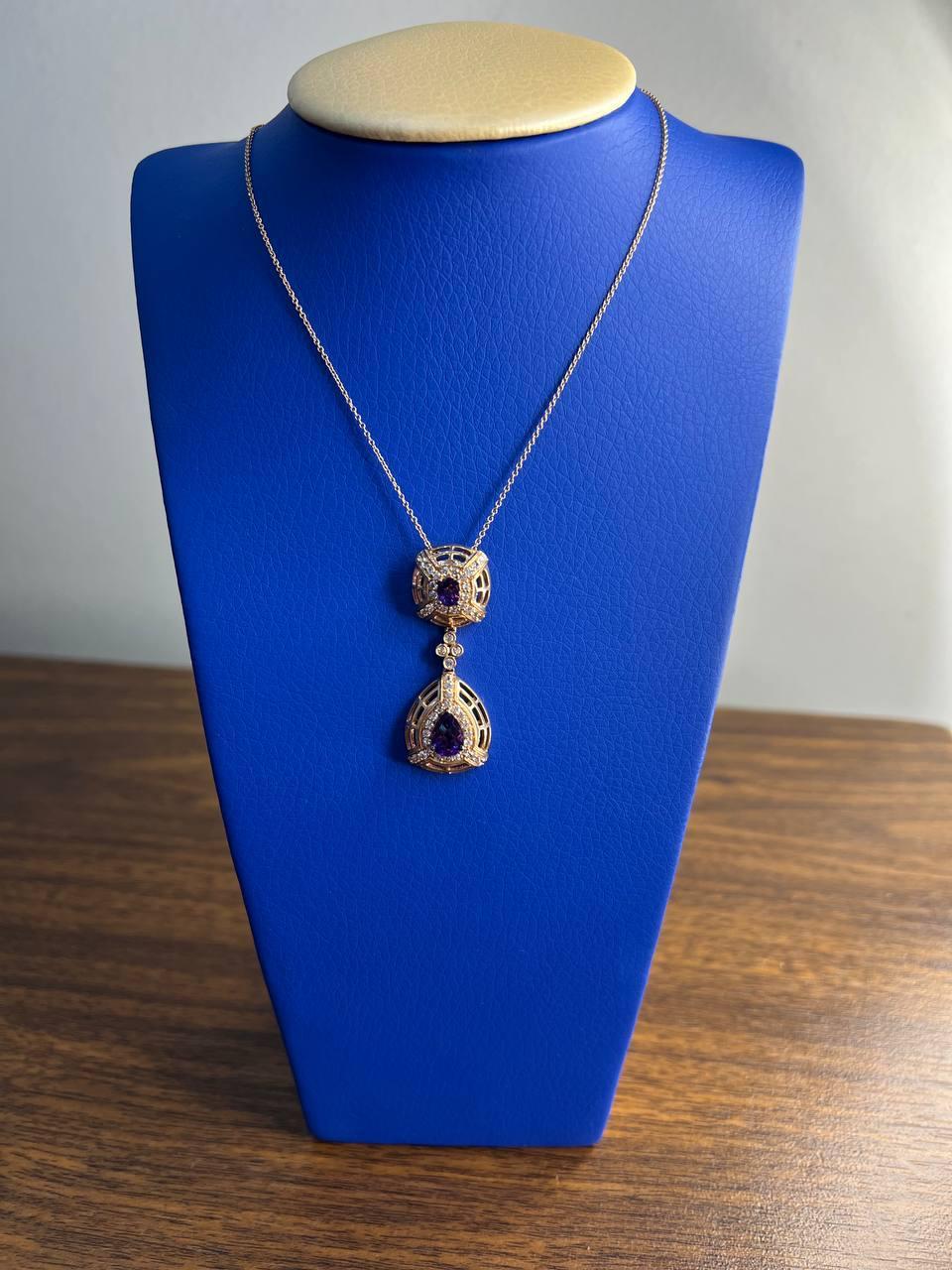 Women's Fancy Violet Amethyst Diamond Halo 14K Rose Gold Fancy Drop Pendant Necklace For Sale
