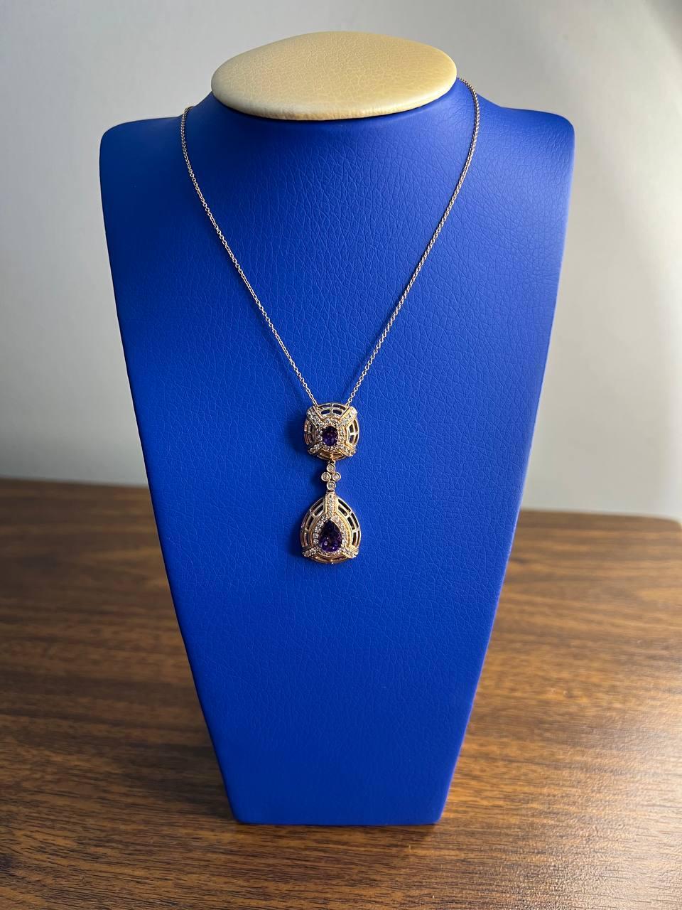 Fancy Violet Amethyst Diamond Halo 14K Rose Gold Fancy Drop Pendant Necklace For Sale 1
