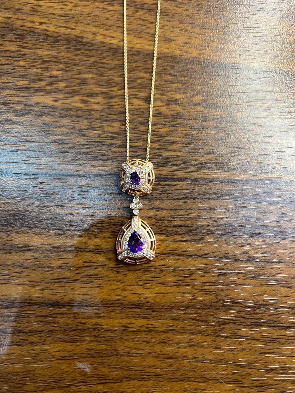 Fancy Violet Amethyst Diamond Halo 14K Rose Gold Fancy Drop Pendant Necklace For Sale 2