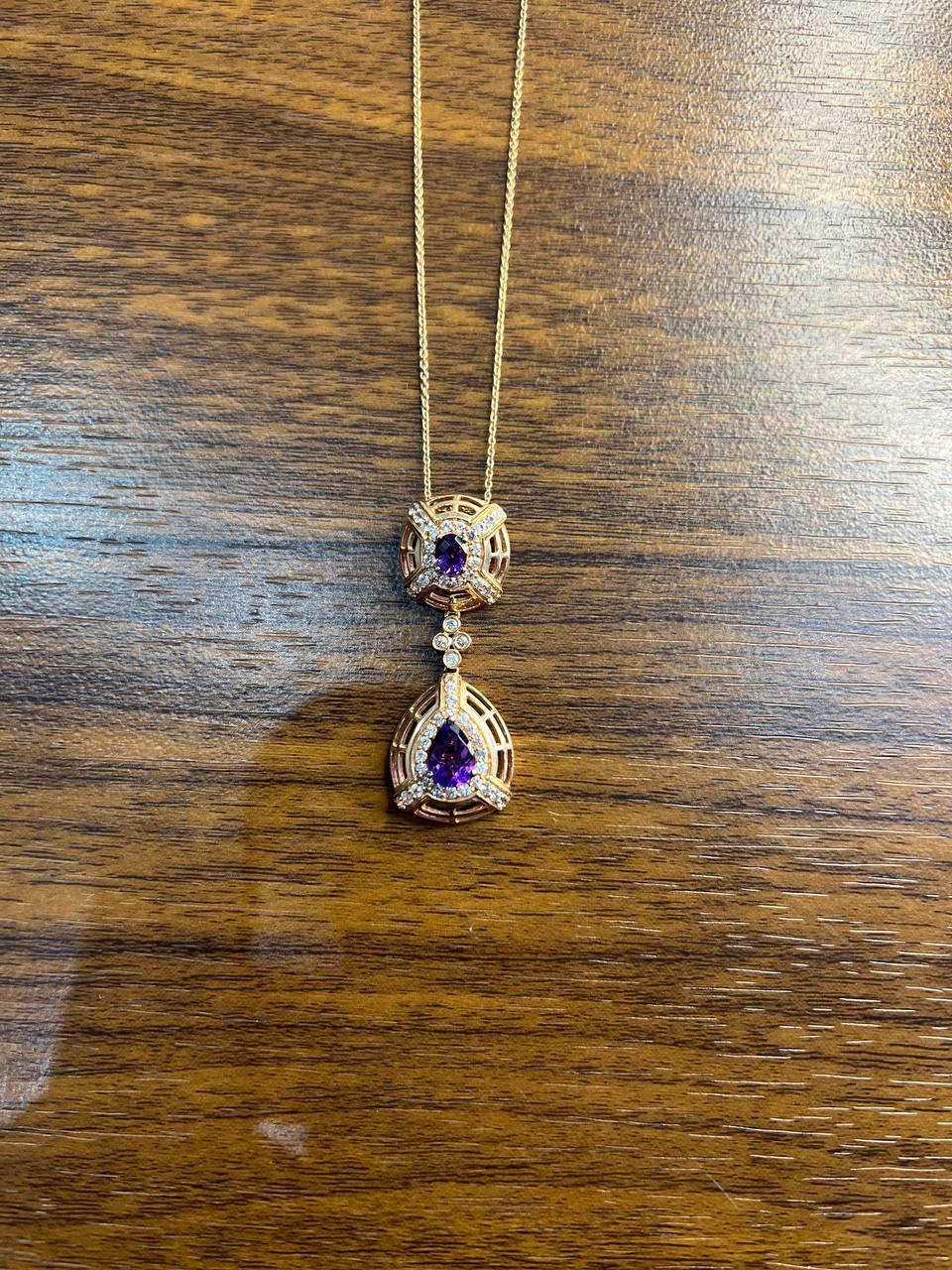 Fancy Violet Amethyst Diamond Halo 14K Rose Gold Fancy Drop Pendant Necklace For Sale 3