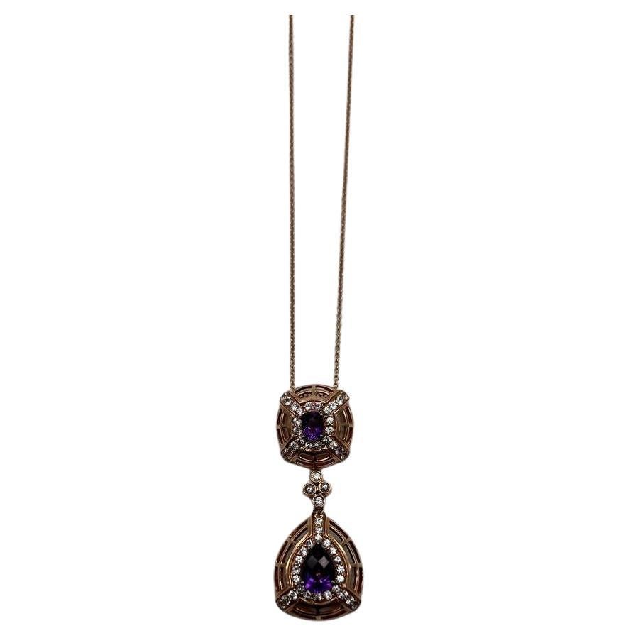 Fancy Violet Amethyst Diamond Halo 14K Rose Gold Fancy Drop Pendant Necklace