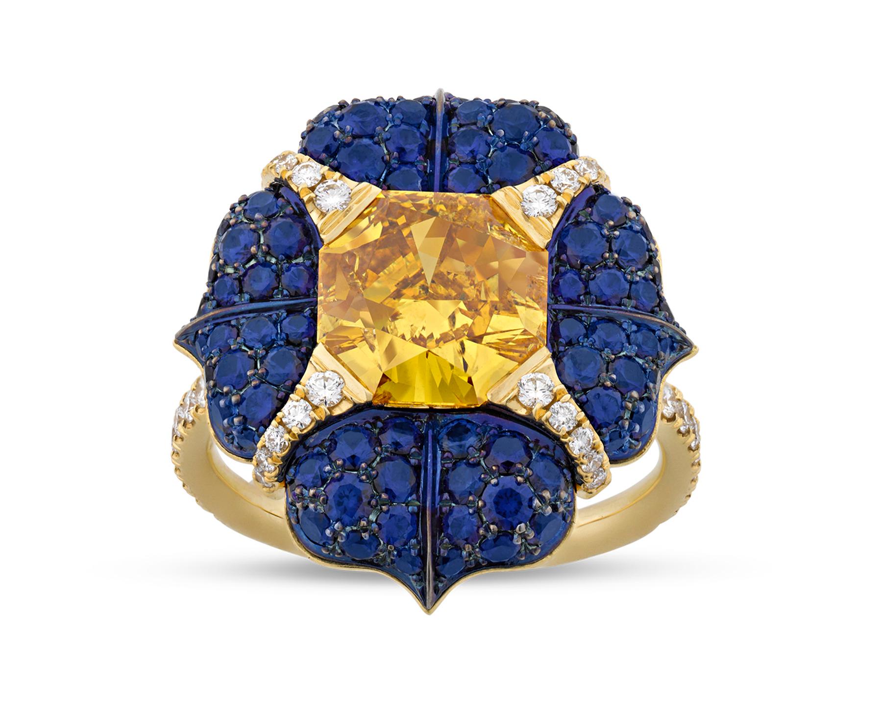 Modern Fancy Vivid Orange-Yellow Diamond and Sapphire Cocktail Ring