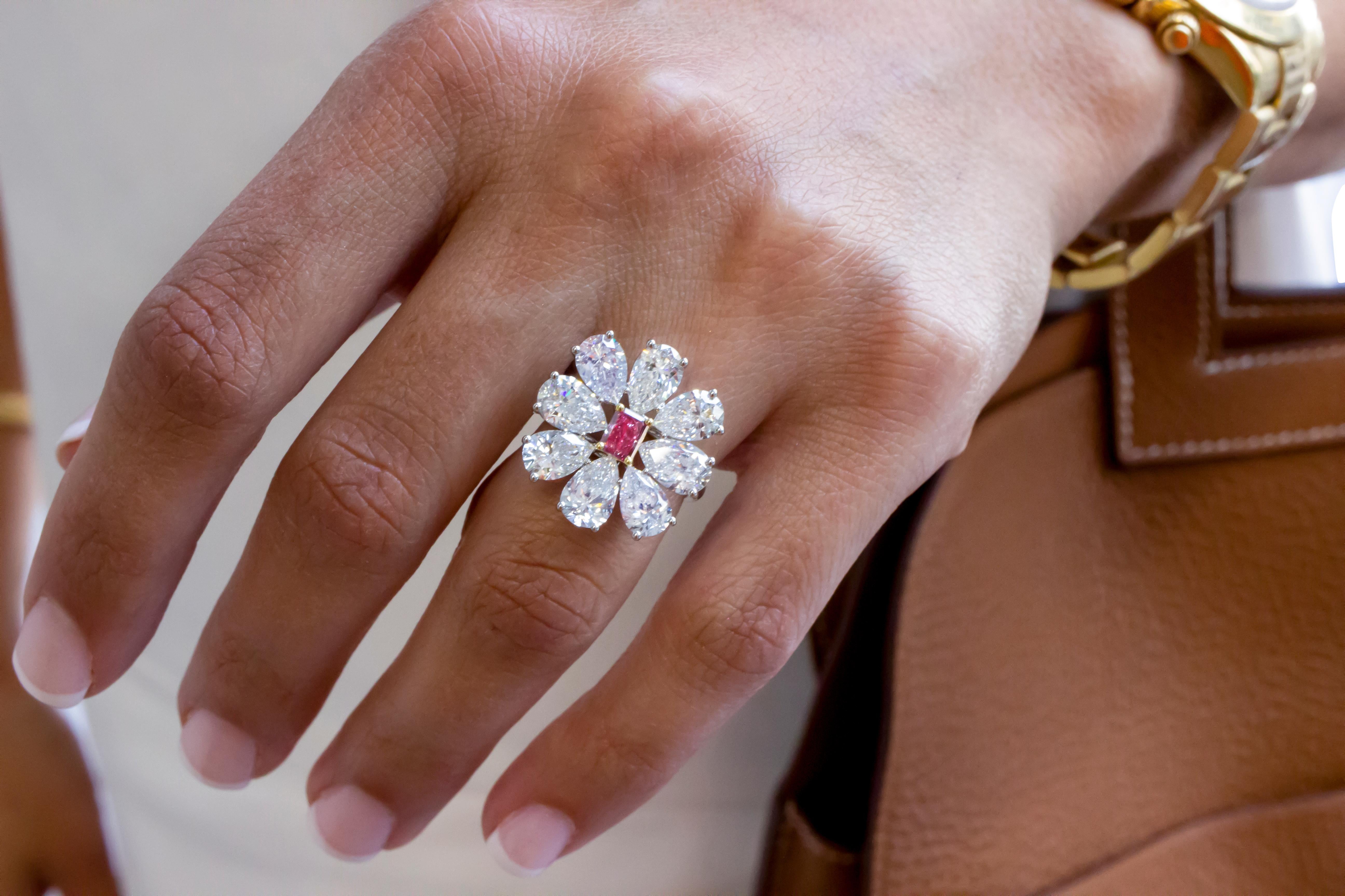 Fancy Vivid Pink Radiant Cut GIA Certified Floral Ring  2