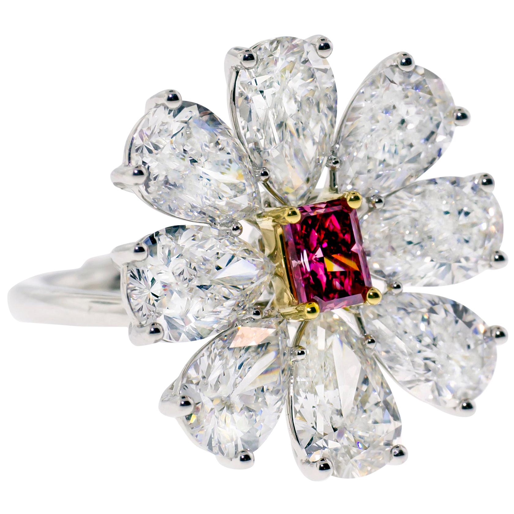Fancy Vivid Pink Radiant Cut GIA Certified Floral Ring 