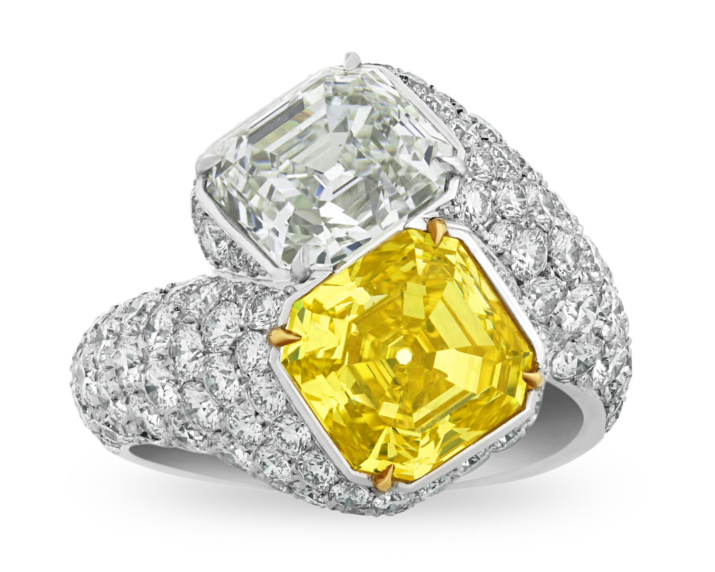 Emerald Cut Fancy Vivid Yellow and White Diamond Bypass Ring For Sale