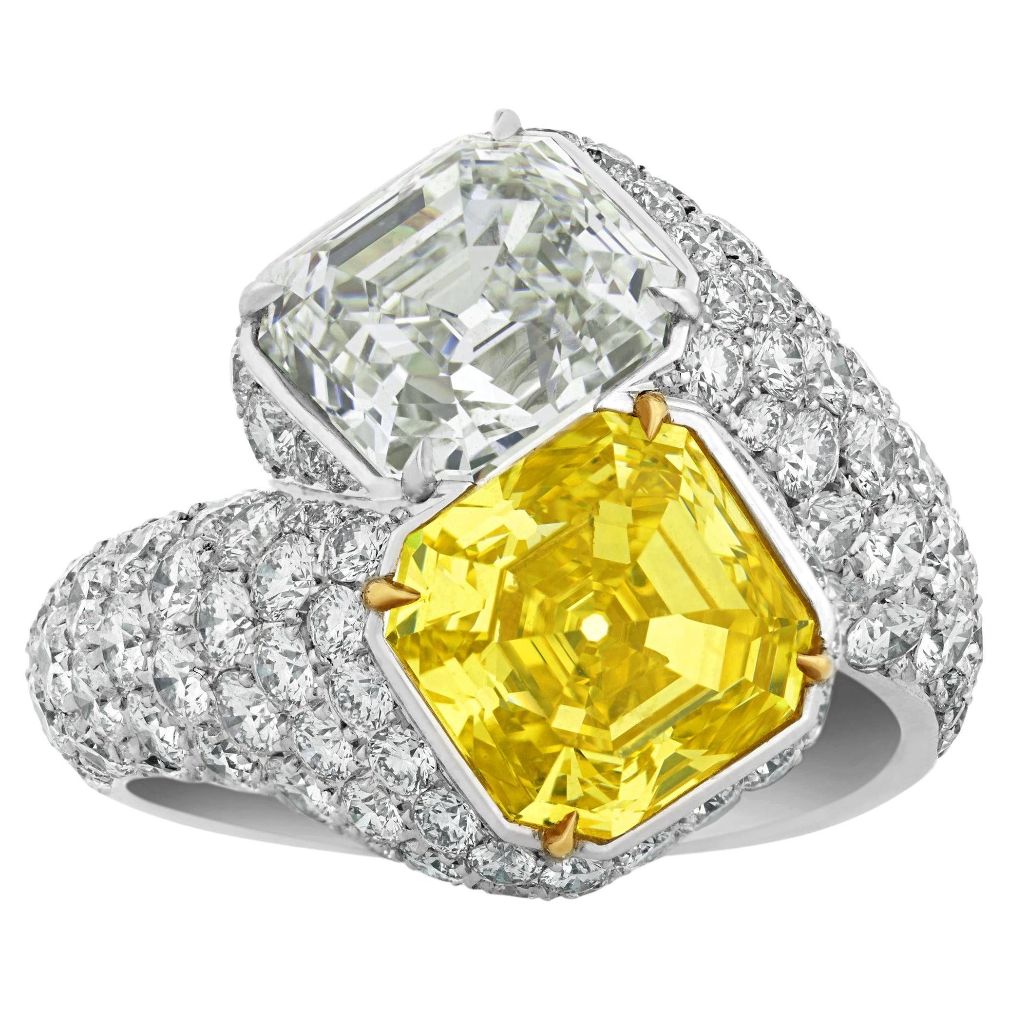Fancy Vivid Yellow and White Diamond Bypass Ring For Sale