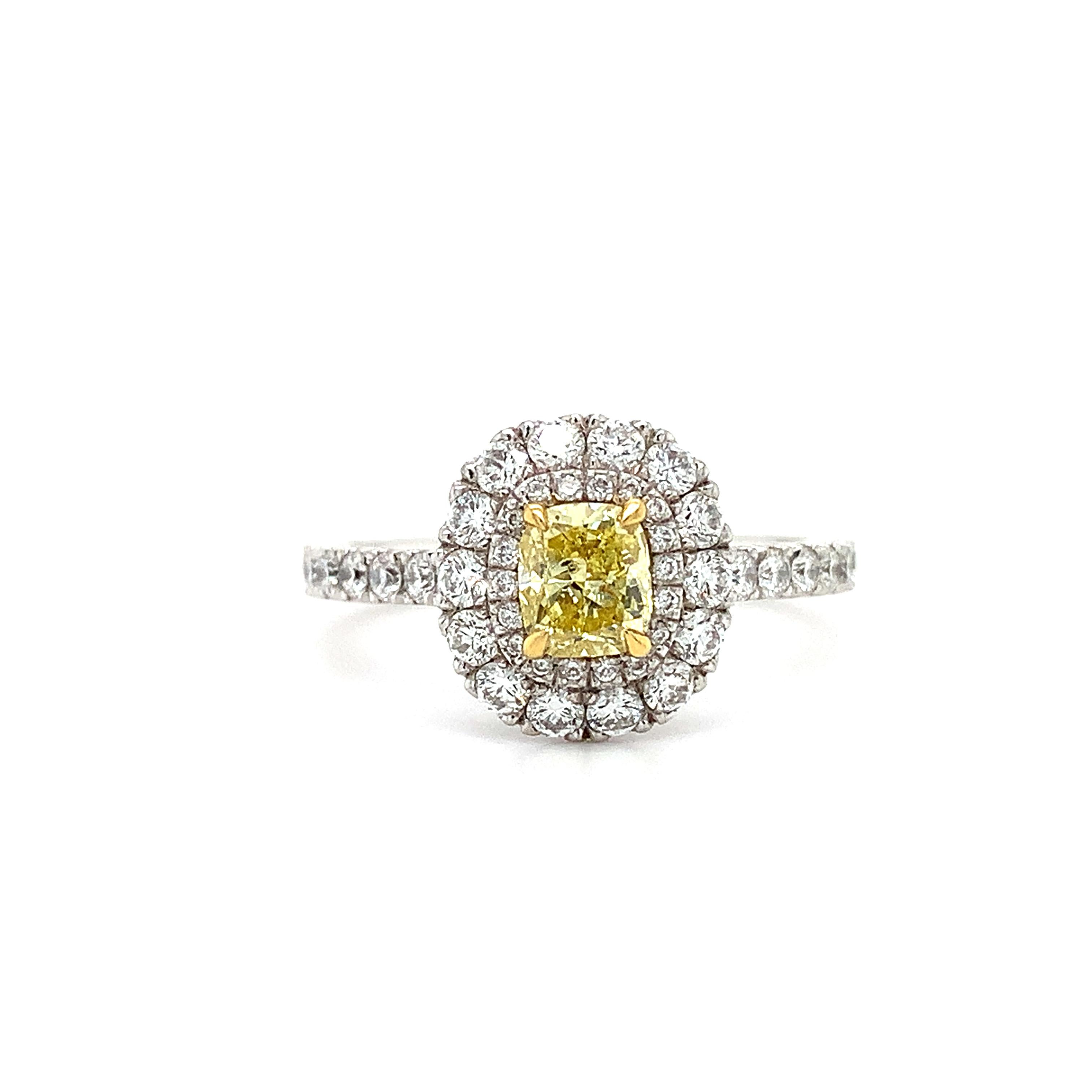 Cushion Cut Fancy vivid yellow diamond double halo engagement ring platinum For Sale