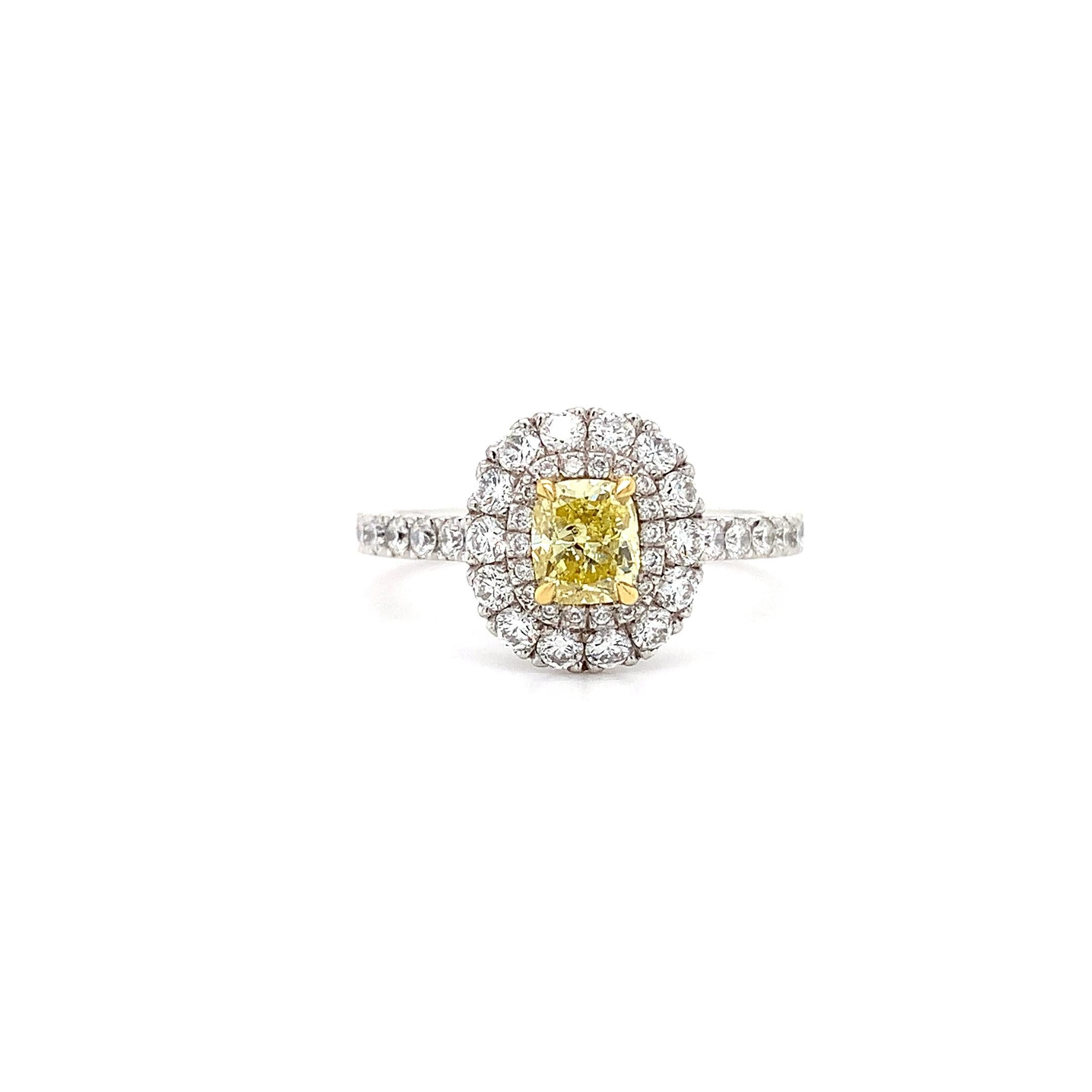 Fancy vivid yellow diamond double halo engagement ring platinum In New Condition For Sale In London, GB