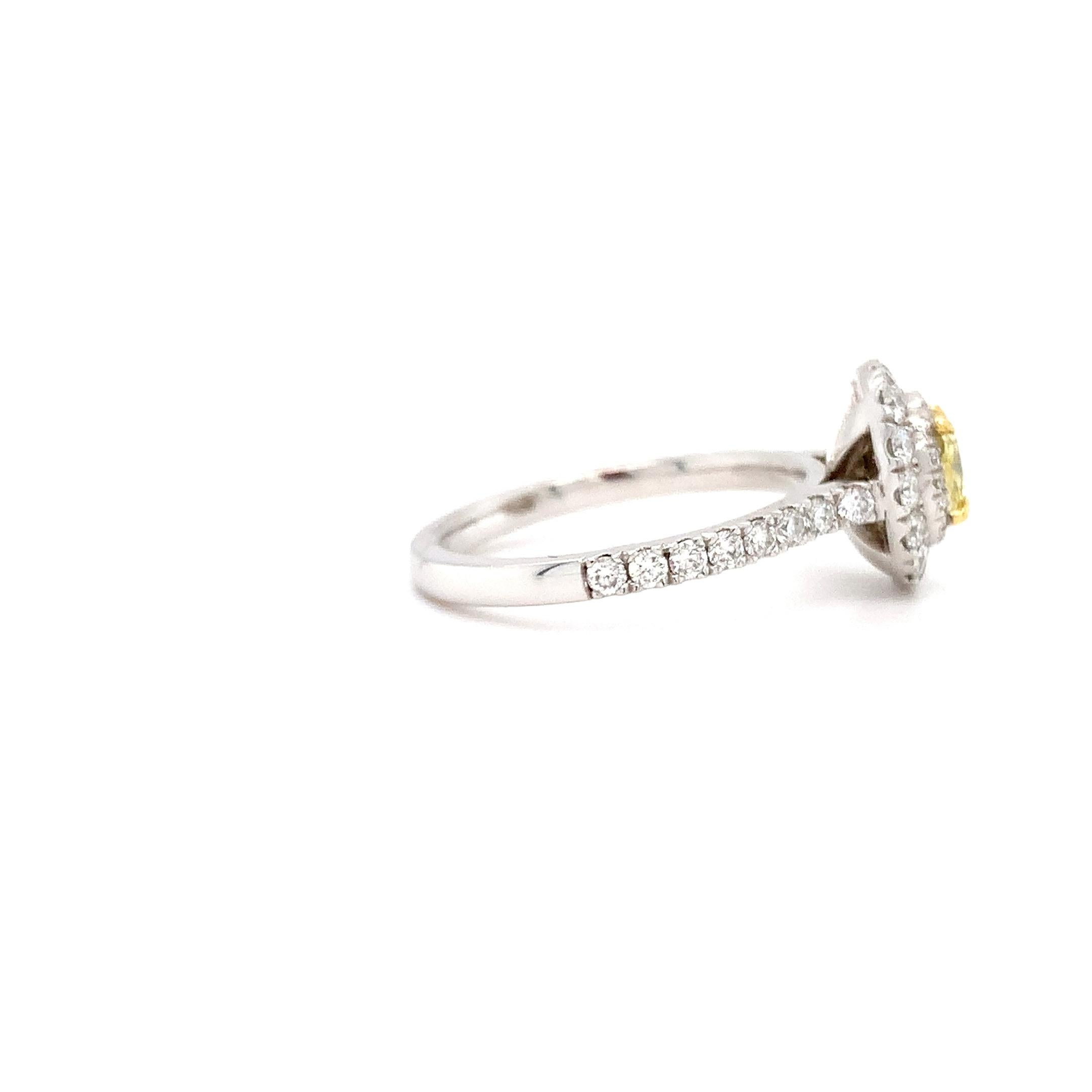 Fancy vivid yellow diamond double halo engagement ring platinum For Sale 2