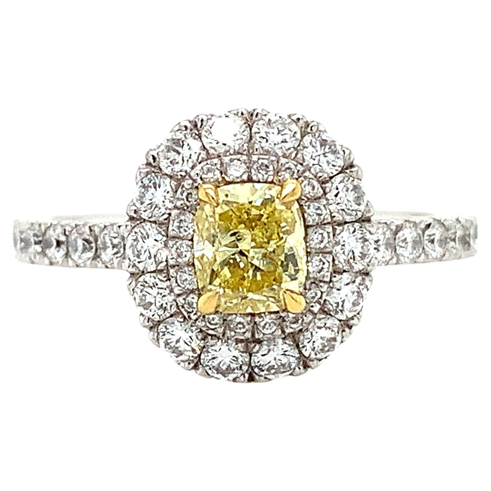 Fancy vivid yellow diamond double halo engagement ring platinum