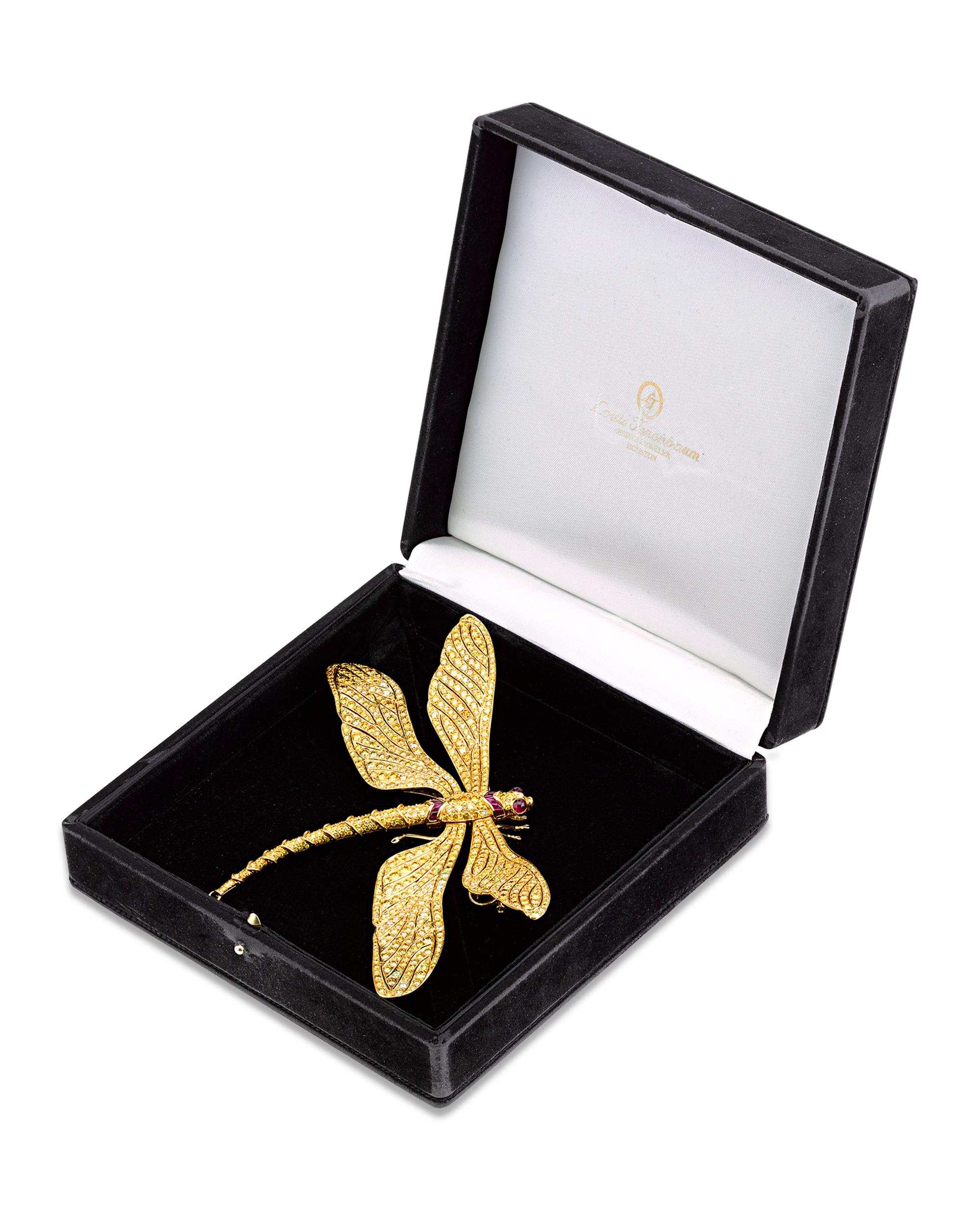 Taille ronde Broche libellule fantaisie en diamant jaune vif et diamants en vente