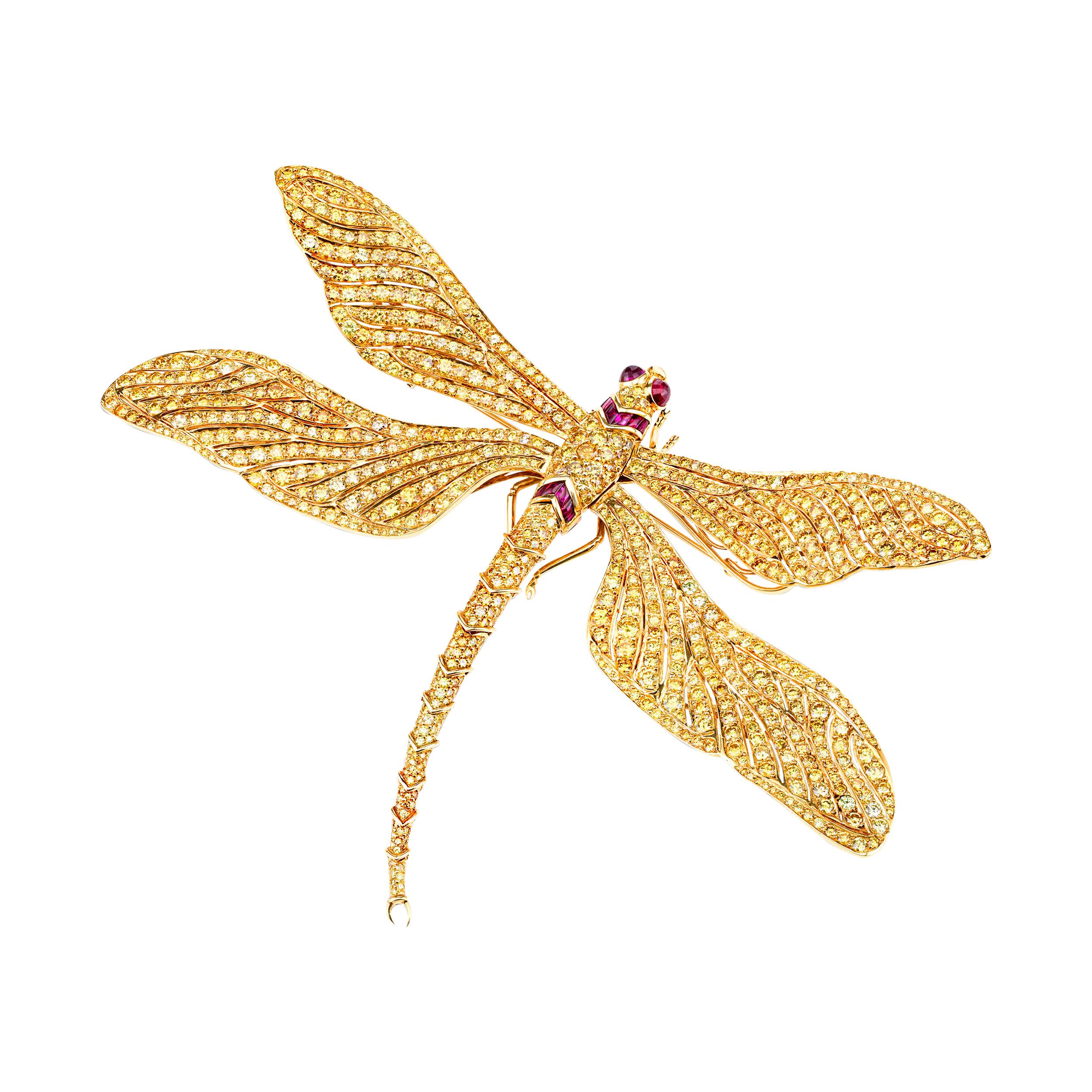 Broche libellule fantaisie en diamant jaune vif et diamants en vente
