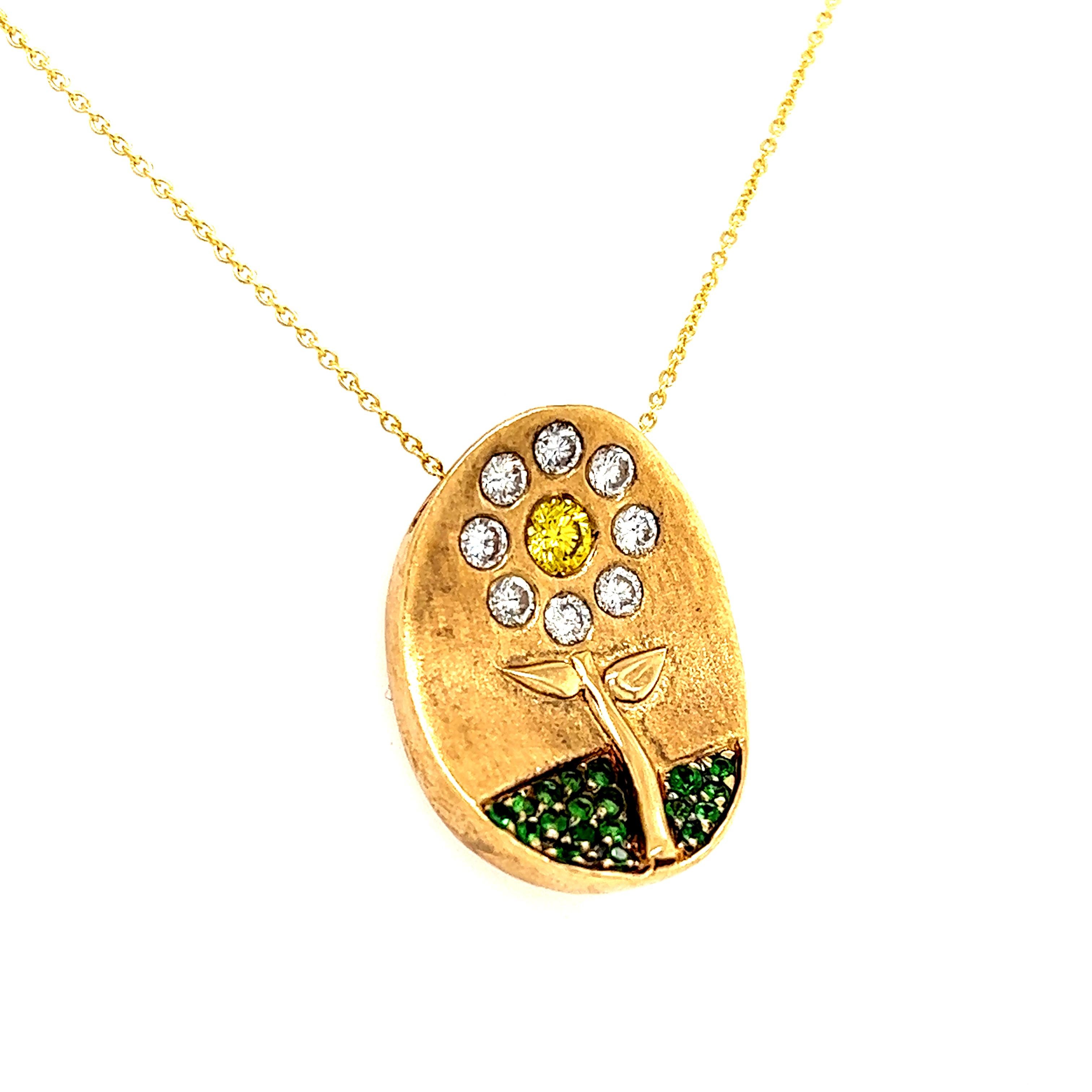 Beautiful hand crafted slider pendant crafted in 18k yellow gold. The pendant shows a unique curved shape and is highlighted with one magnificent round fancy vivid yellow colored diamond. The center stone weighs approximately 0.25 ct. and add's a