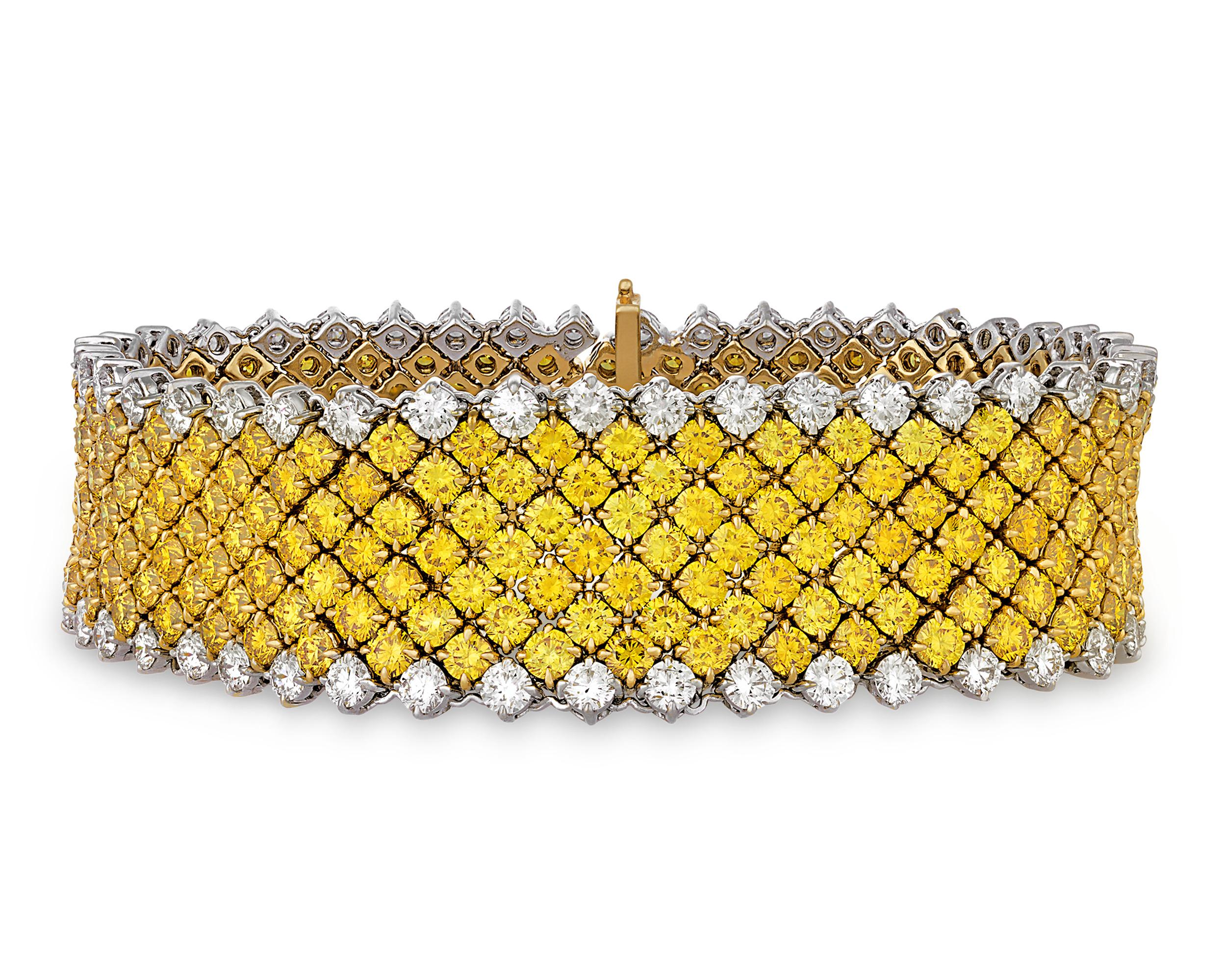 Brilliant Cut Fancy Vivid Yellow Diamond Mesh Bracelet, 28.40 Carats For Sale