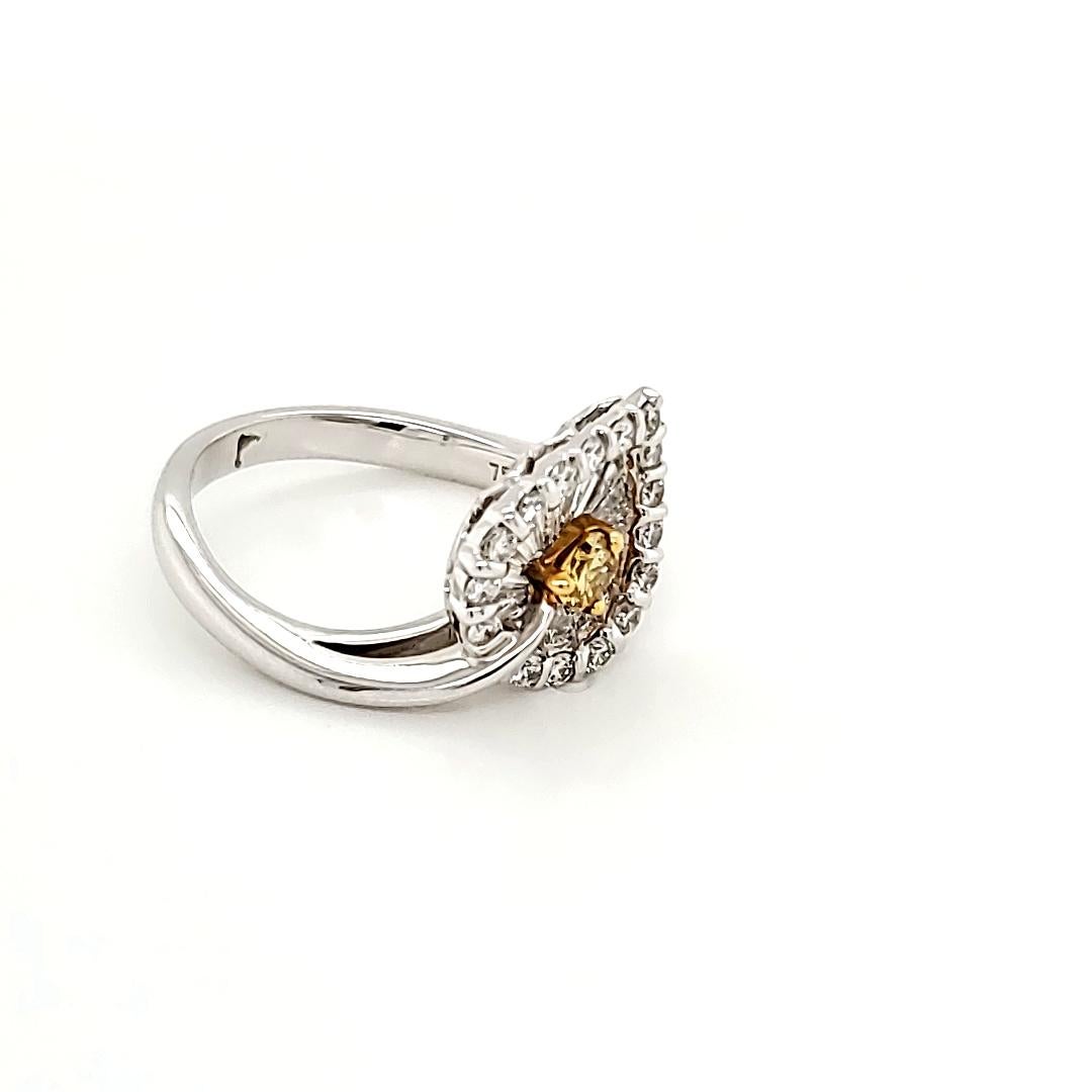Fancy Vivid Yellow Diamond Ring:

A uniquely designed ring, it is comprised of a 0.15 carat Fancy Vivid Yellow Diamond while being accented by 15 White Taper Diamonds weighing 0.34 carats and 16 Round White Diamonds weighing 0.29 carats. It