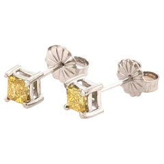 Fancy Vivid Yellow Diamond Stud Earrings Mined .45ct Princess Cut 14K Brand New