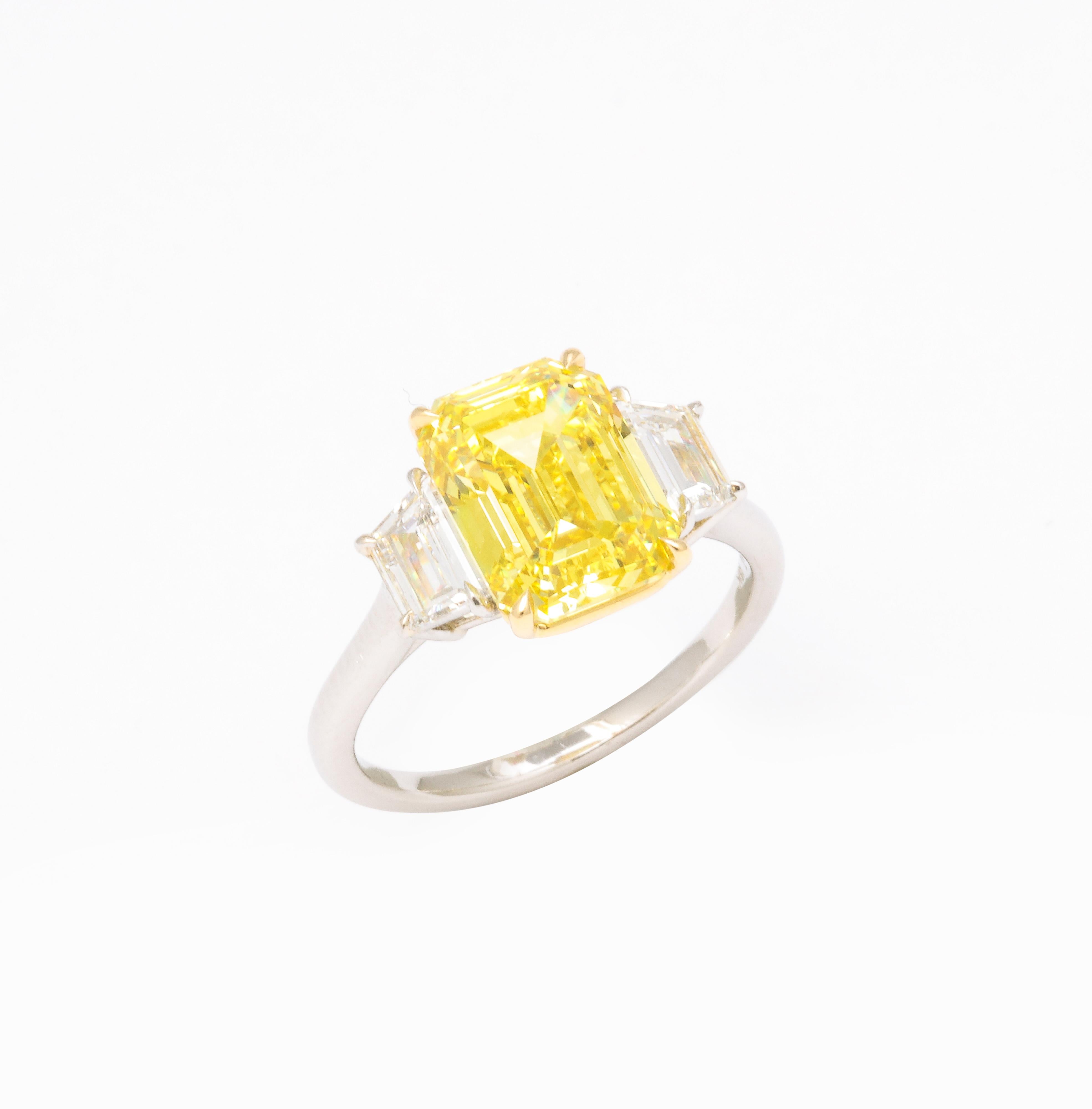 Fancy Vivid Yellow Emerald Cut Ring For Sale 5