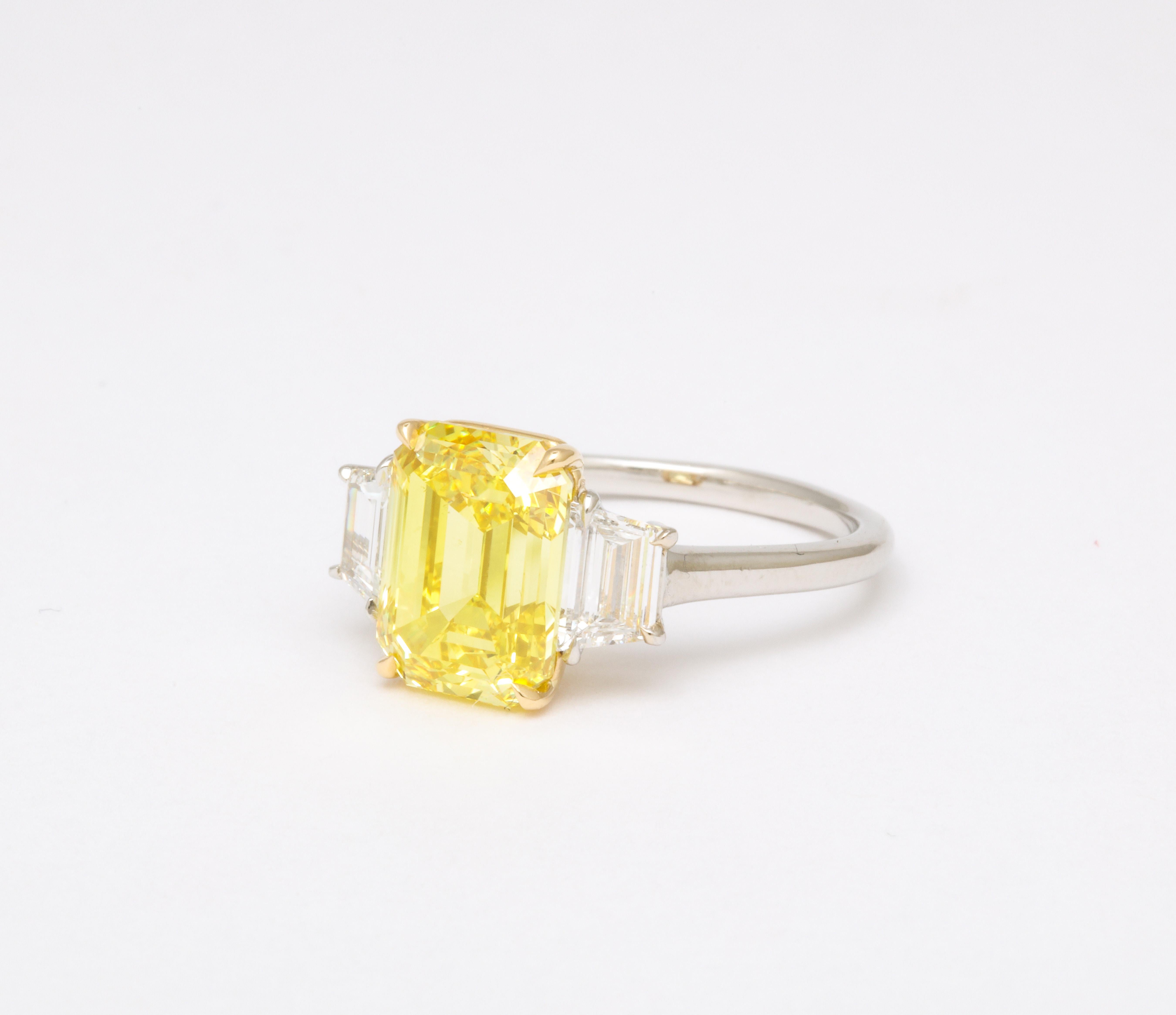 Fancy Vivid Yellow Emerald Cut Ring For Sale 3