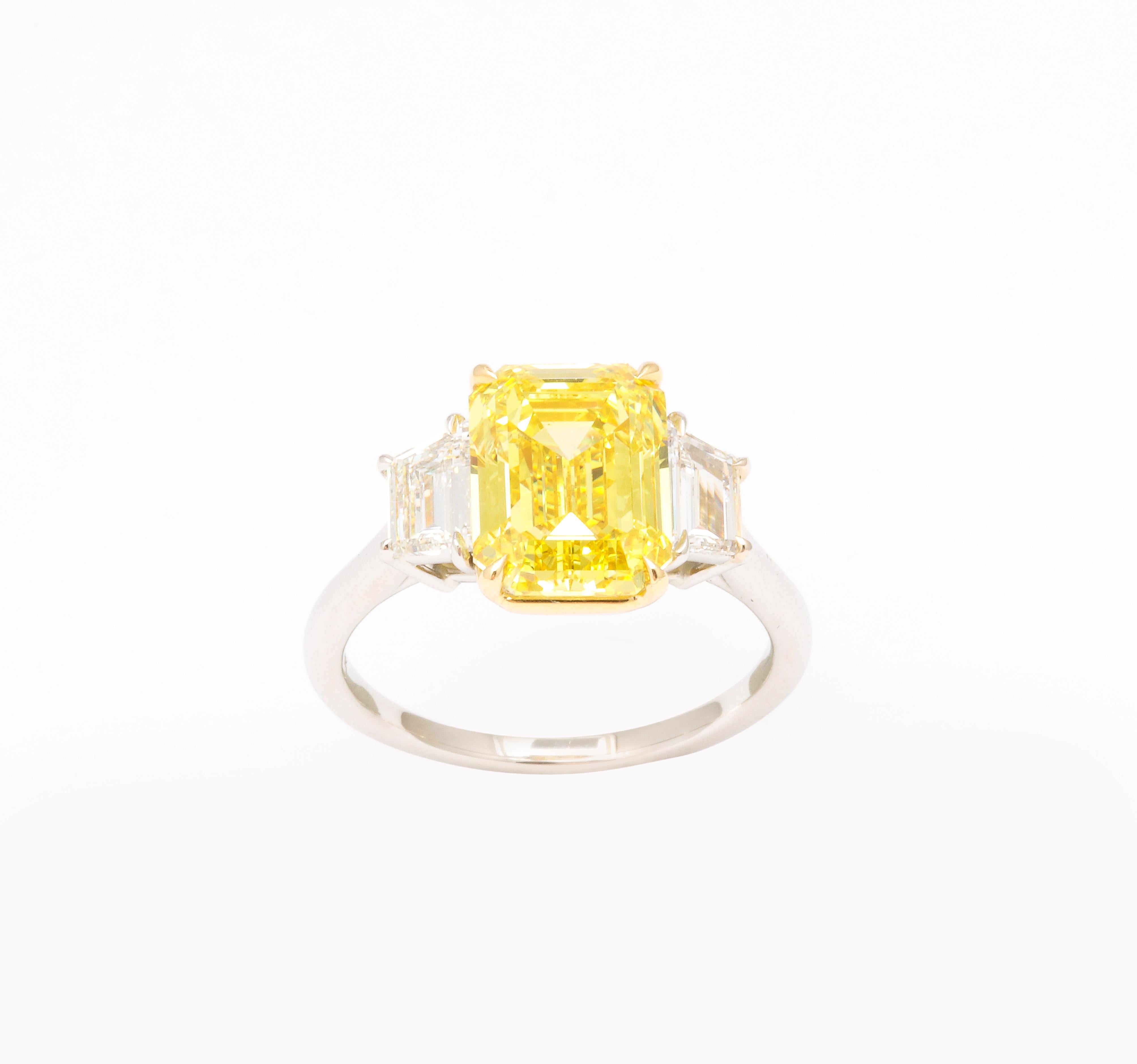 Fancy Vivid Yellow Emerald Cut Ring For Sale 4