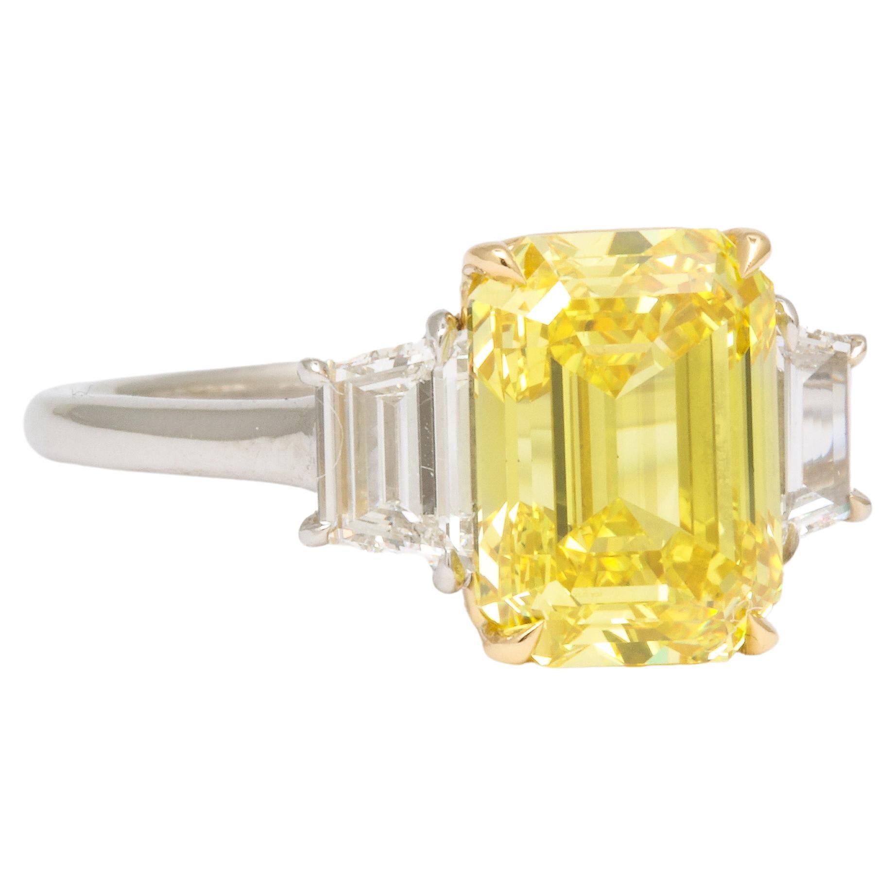Fancy Vivid Yellow Emerald Cut Ring For Sale