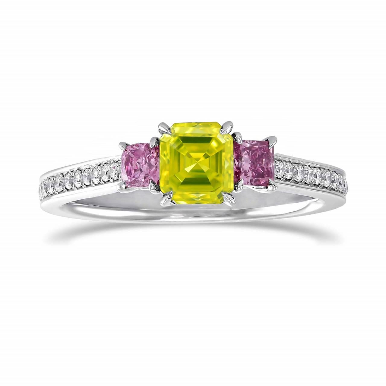 Fancy Vivid Yellow Green 0.47 carat Square Emerald cut. Treated color.
GIA certificate 15830722.
Centering white diamond on white 18K gold ring.


Fancy Vivid Yellow Green 
Dimensions: 4.05 x 3.90 x 3.61 mm.

Can be size upon request. About 10 days