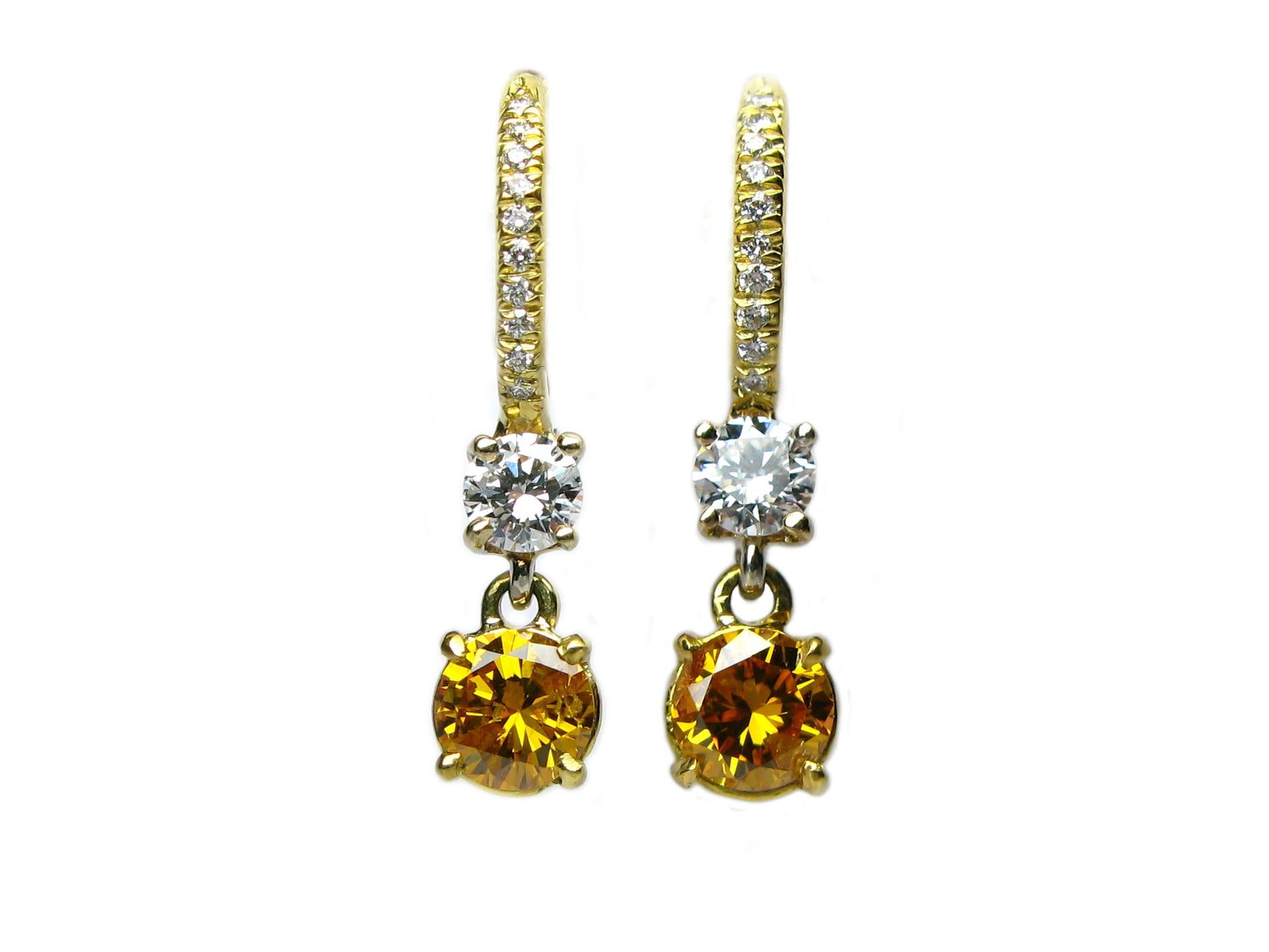 Round Cut Fancy Vivid Yellow Orange Diamond Earrings