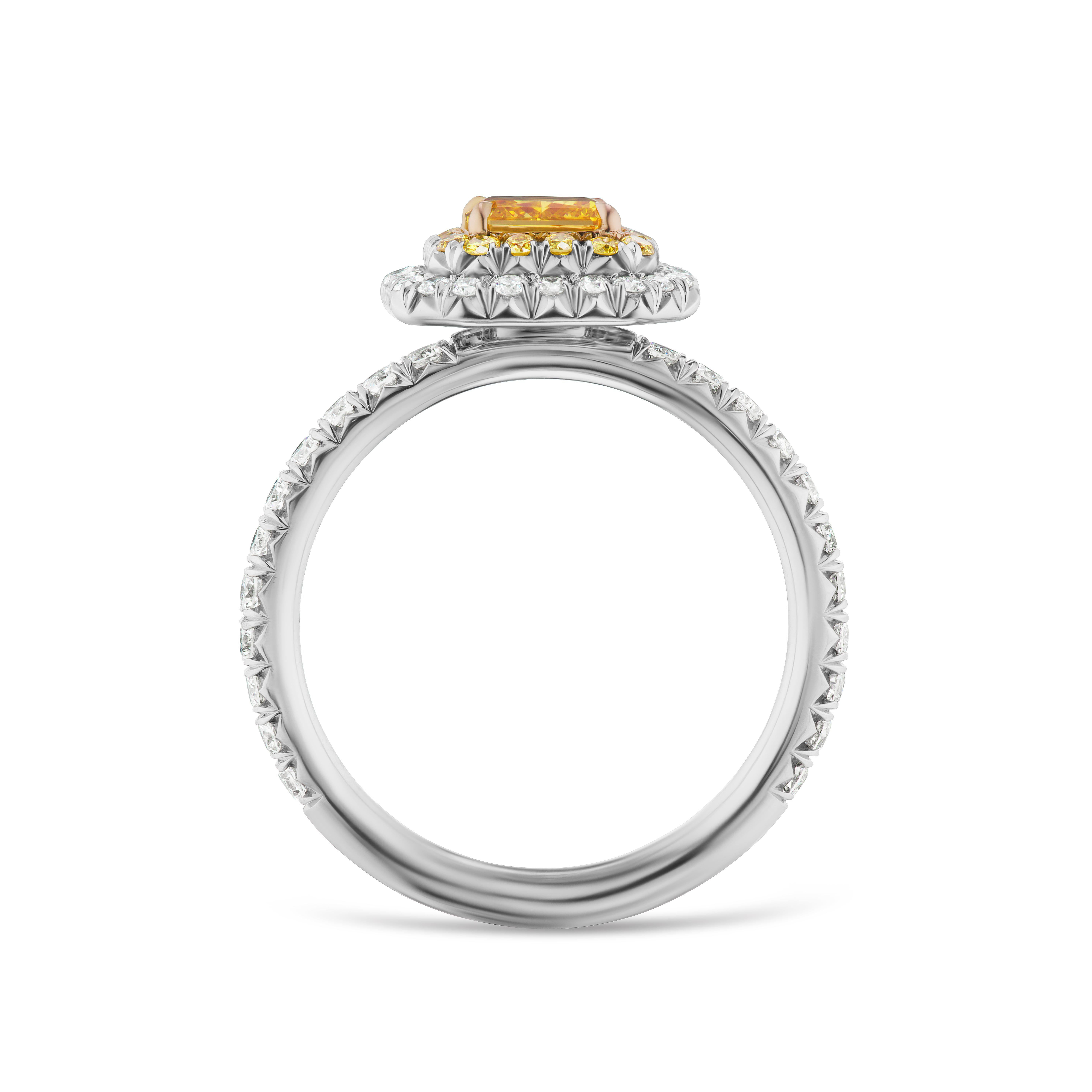 This engagement ring features a 0.74 carat fancy vivid yellow orange diamond with 18 fancy orange diamonds weighing 0.13 carats and 46 white side diamonds weighing 0.54 carats set in platinum.  GIA Certificate No. 1152495735. Size 6. 

Resizeable