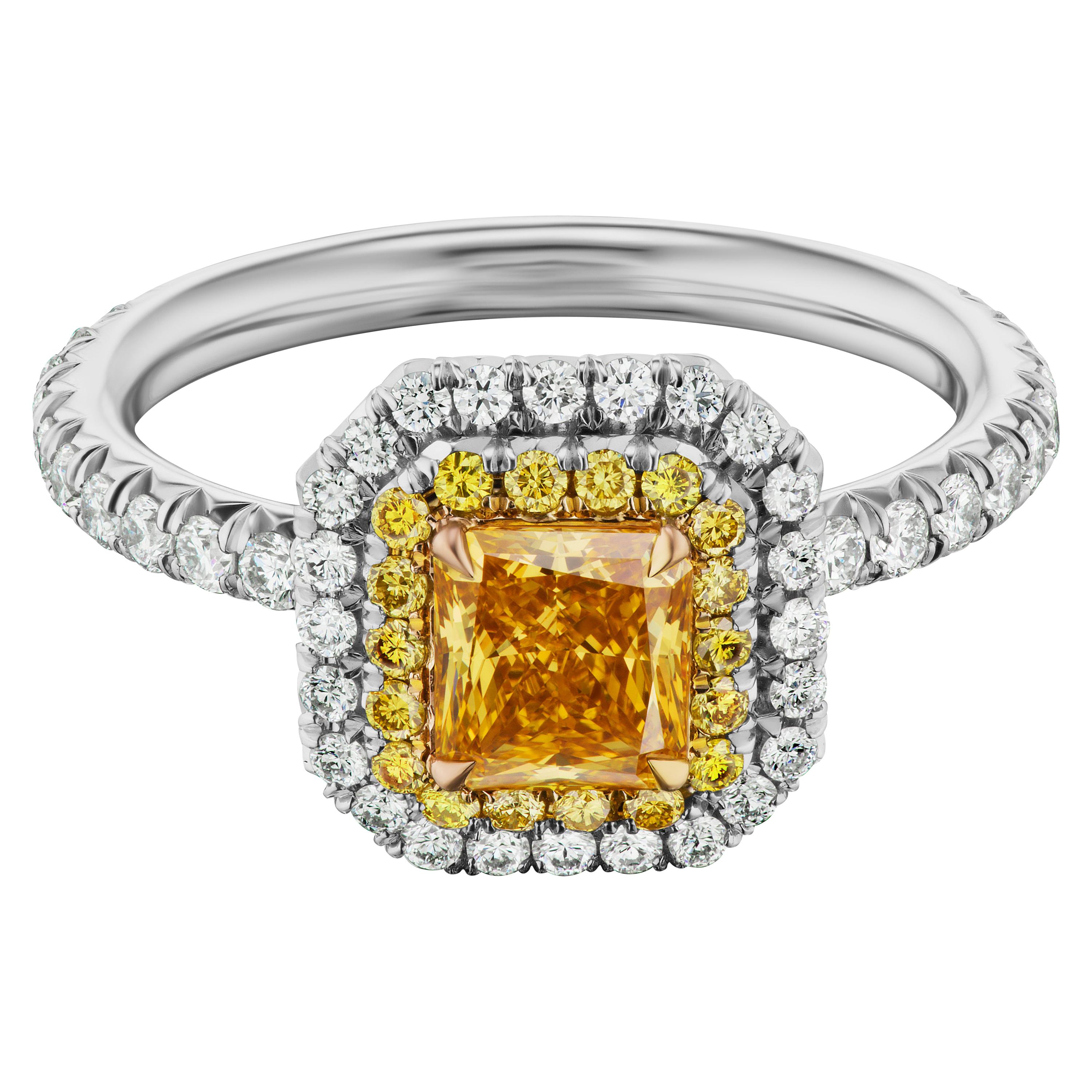 Fancy Vivid Yellow Orange GIA Micropave Halo Diamond Engagement Ring